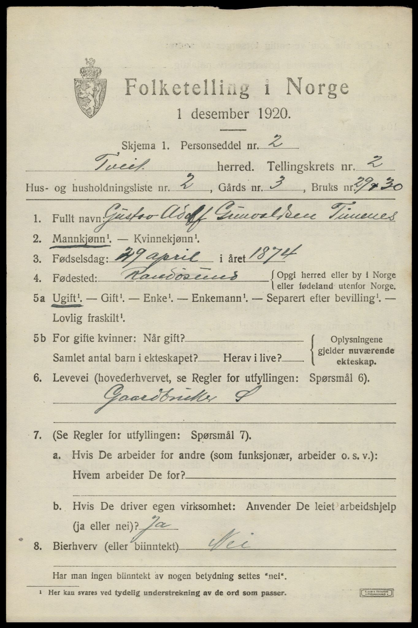 SAK, 1920 census for Tveit, 1920, p. 1234