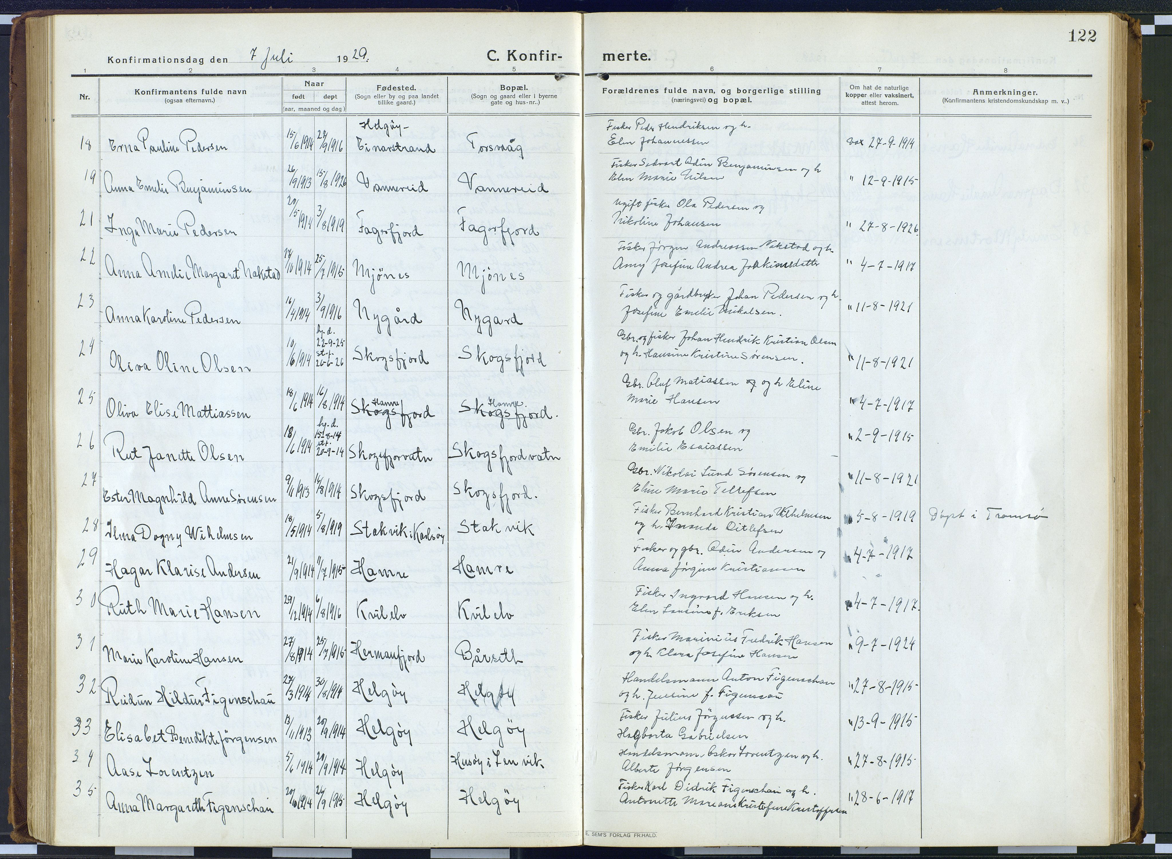 Karlsøy sokneprestembete, AV/SATØ-S-1299/H/Ha/Haa/L0016kirke: Parish register (official) no. 16, 1916-1934, p. 122