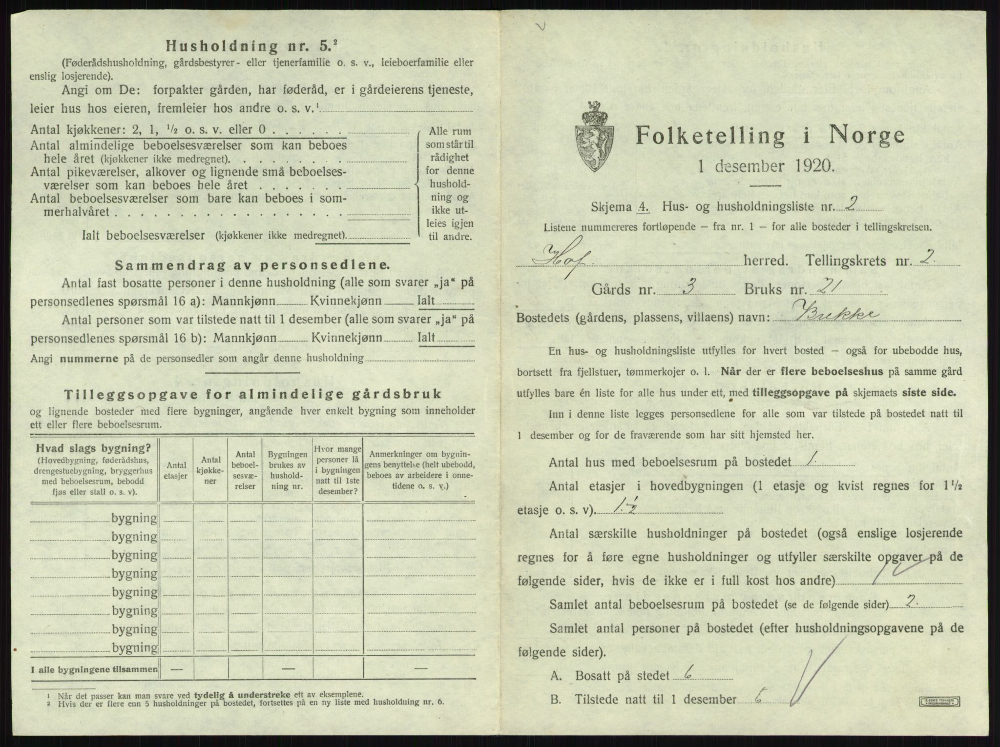 SAKO, 1920 census for Hof, 1920, p. 275