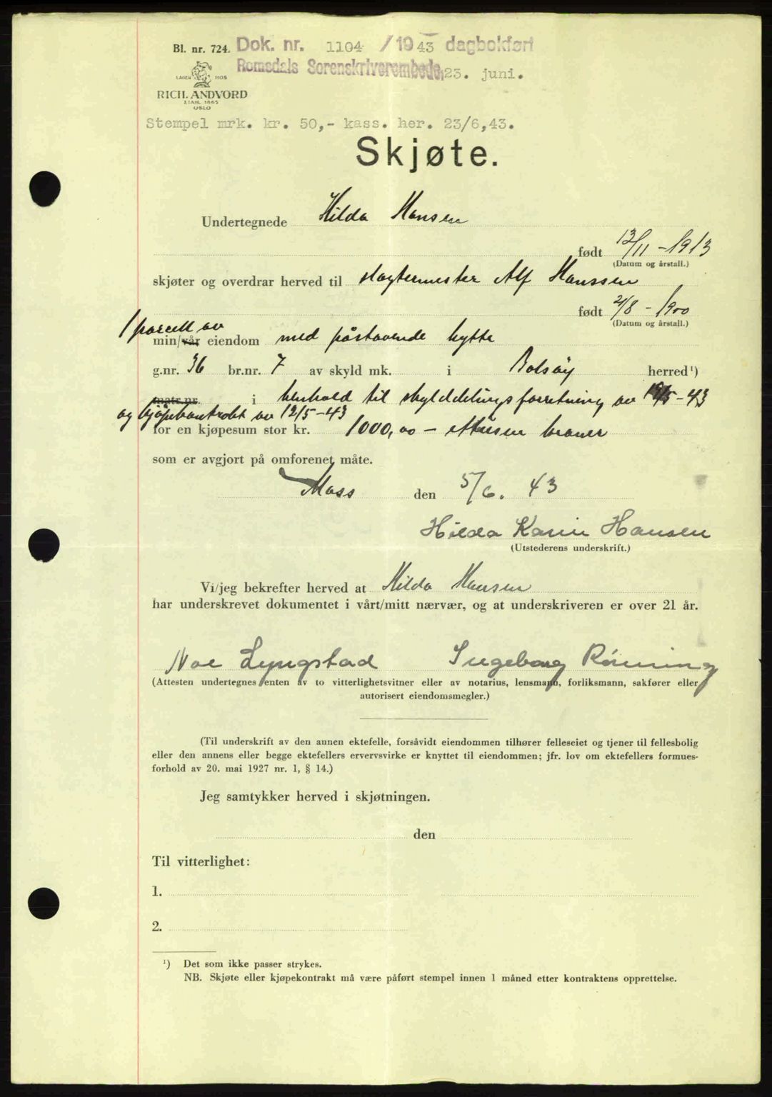 Romsdal sorenskriveri, AV/SAT-A-4149/1/2/2C: Mortgage book no. A14, 1943-1943, Diary no: : 1104/1943