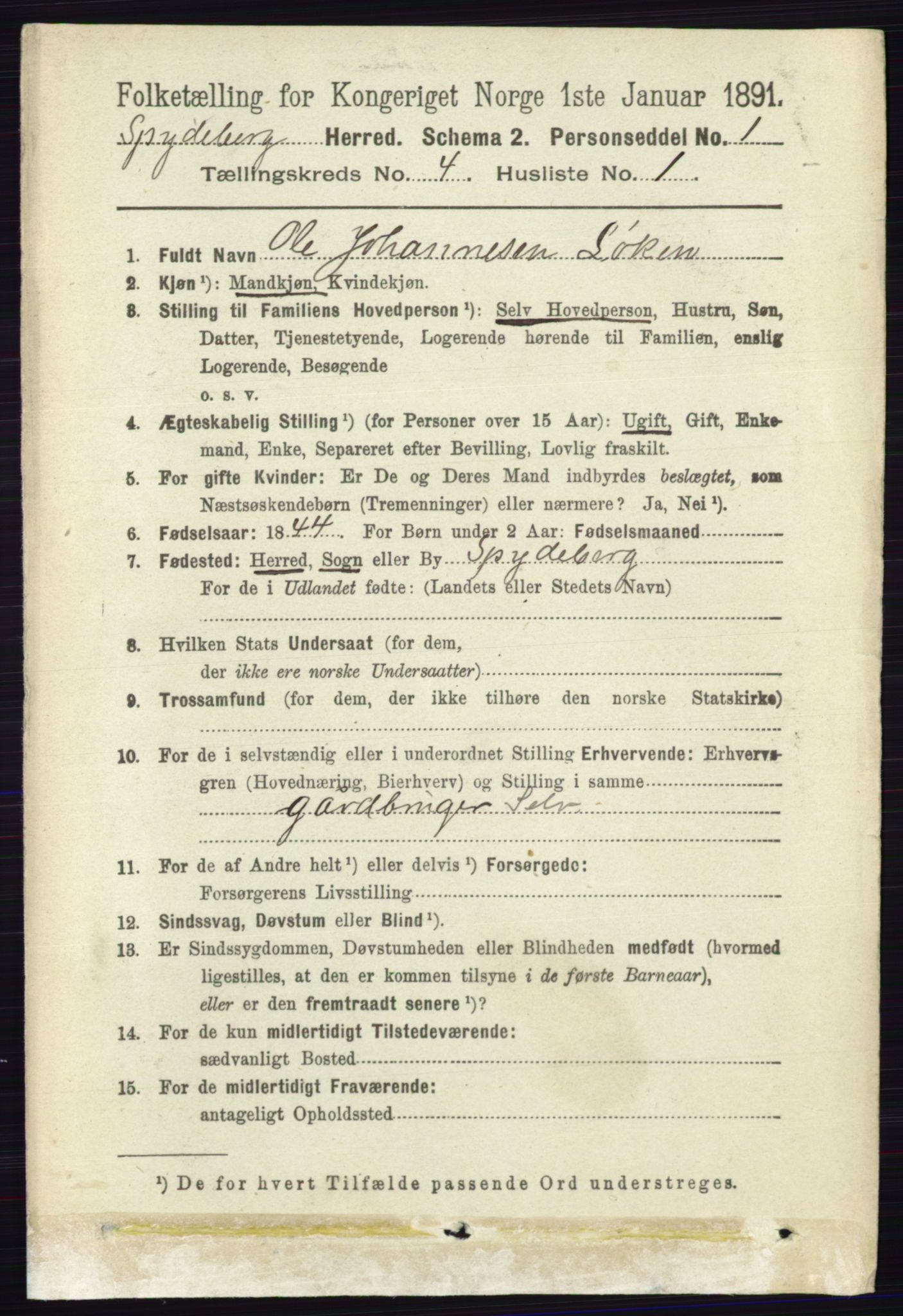 RA, 1891 census for 0123 Spydeberg, 1891, p. 1922