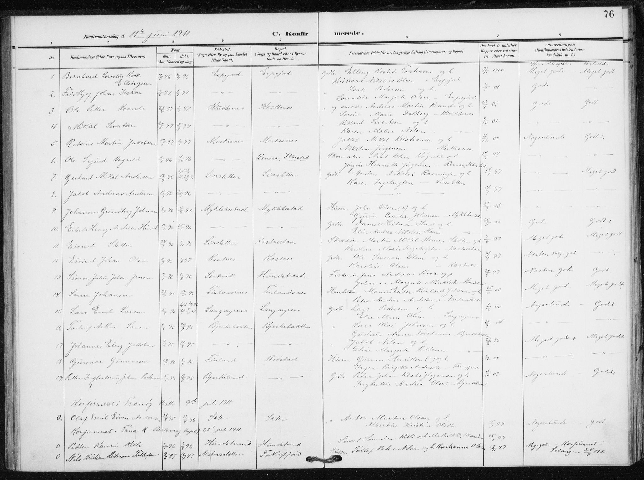 Tranøy sokneprestkontor, SATØ/S-1313/I/Ia/Iaa/L0013kirke: Parish register (official) no. 13, 1905-1922, p. 76