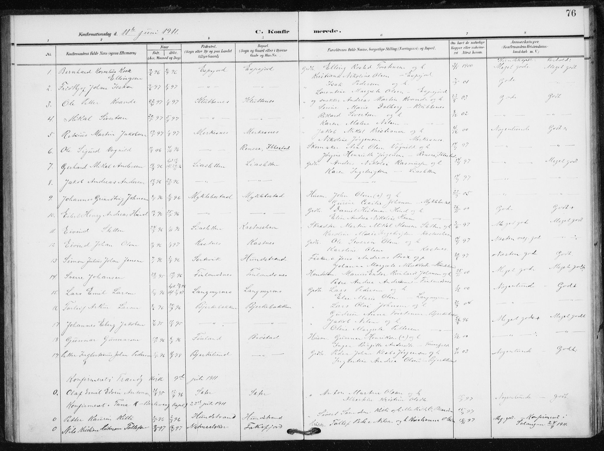 Tranøy sokneprestkontor, AV/SATØ-S-1313/I/Ia/Iaa/L0013kirke: Parish register (official) no. 13, 1905-1922, p. 76