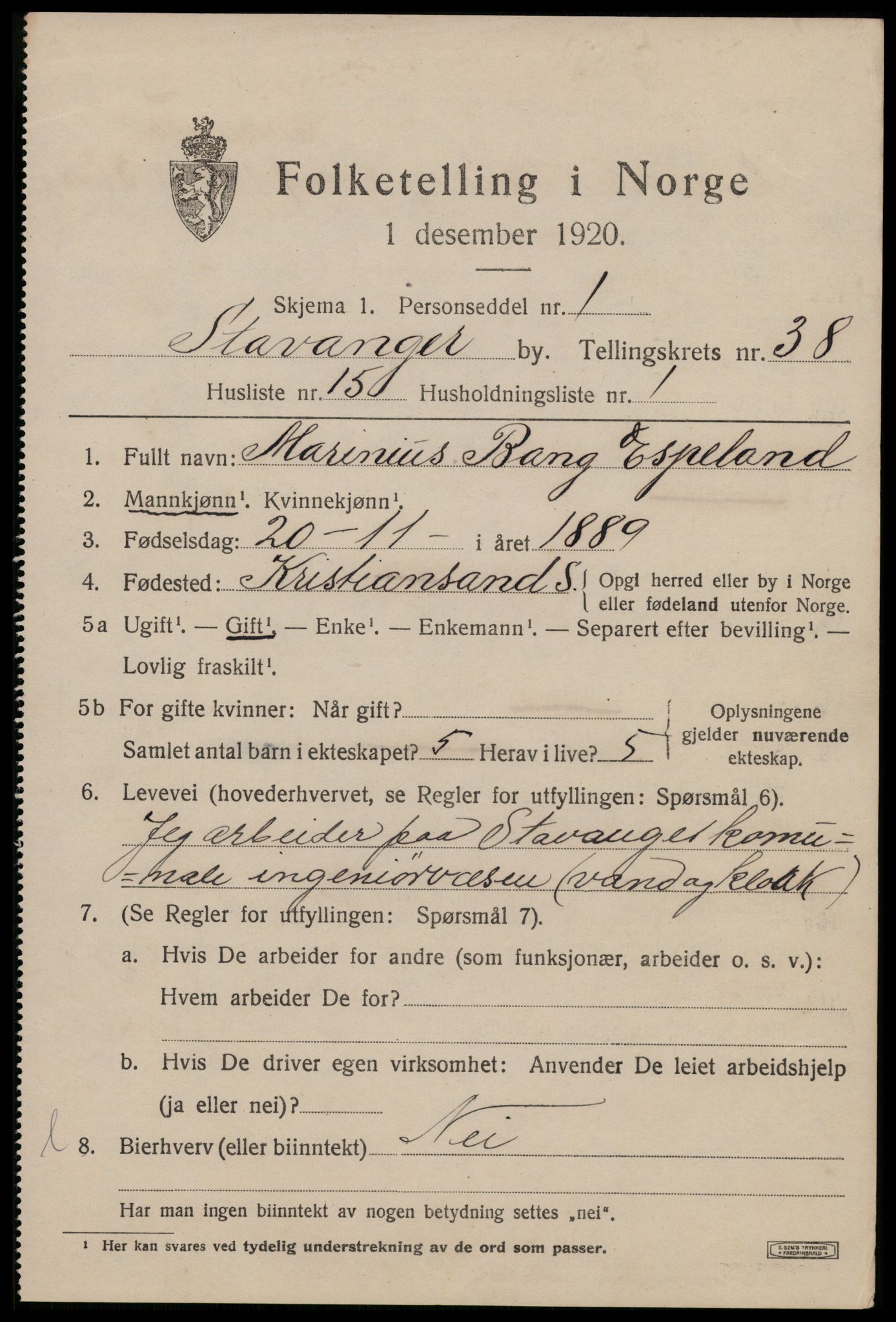 SAST, 1920 census for Stavanger, 1920, p. 99448