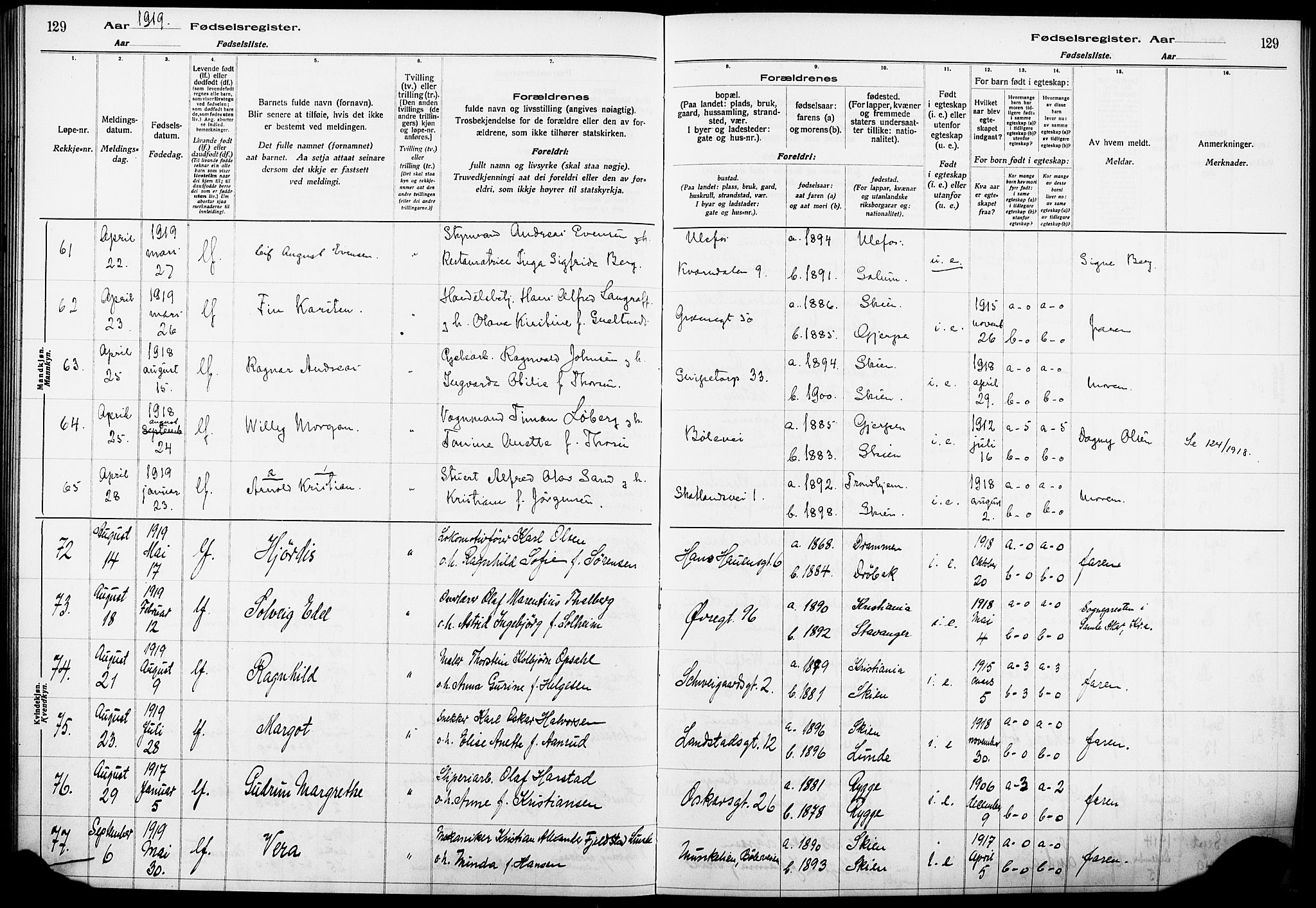 Skien kirkebøker, SAKO/A-302/J/Ja/L0001: Birth register no. 1, 1916-1920, p. 129