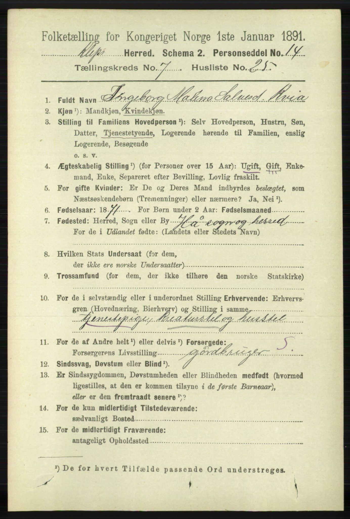 RA, 1891 census for 1120 Klepp, 1891, p. 2283