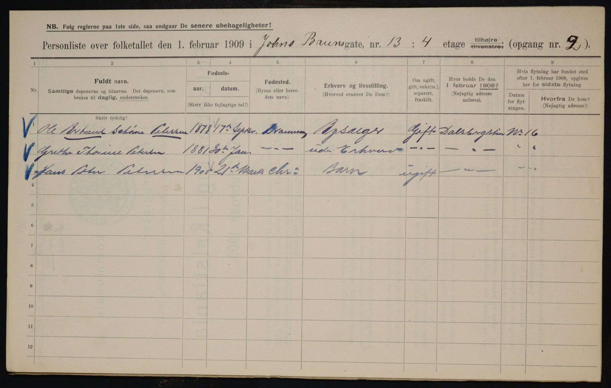 OBA, Municipal Census 1909 for Kristiania, 1909, p. 43045