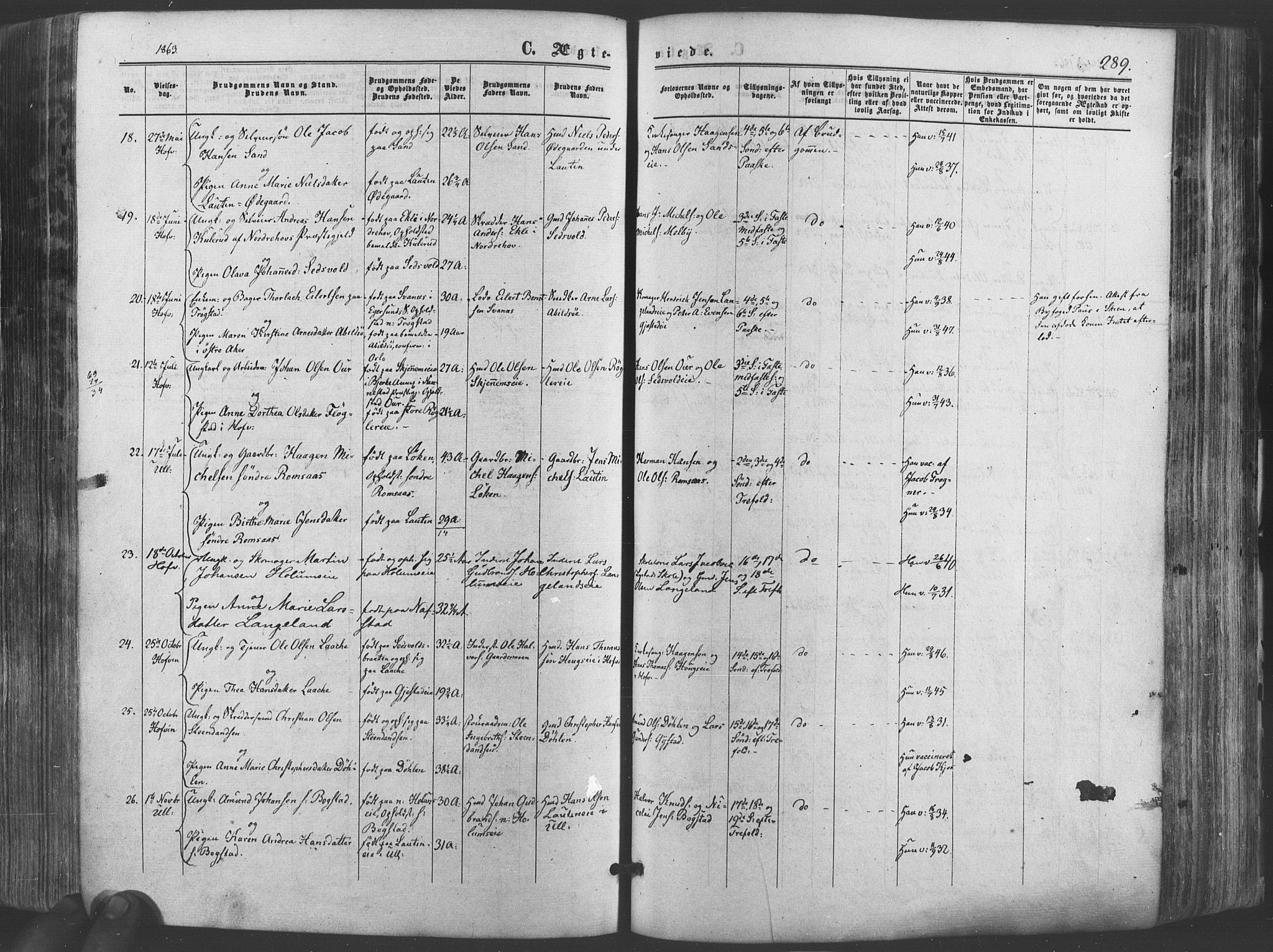 Ullensaker prestekontor Kirkebøker, SAO/A-10236a/F/Fa/L0016: Parish register (official) no. I 16, 1863-1875, p. 289