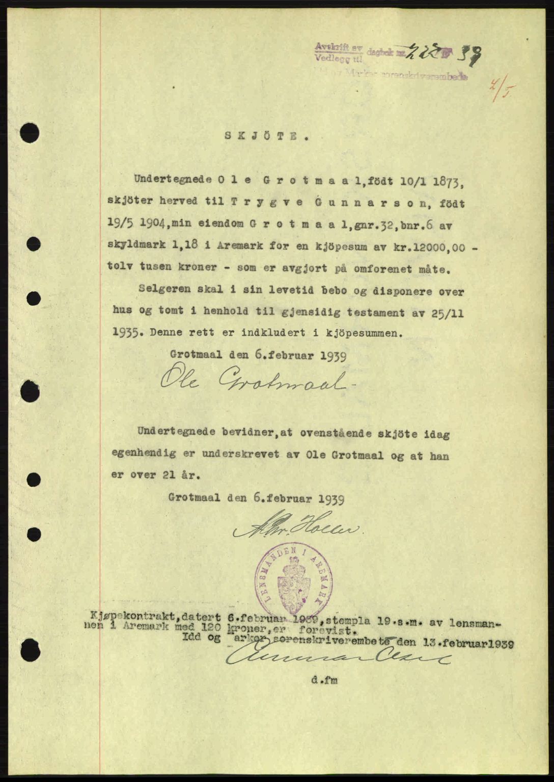 Idd og Marker sorenskriveri, AV/SAO-A-10283/G/Gb/Gbb/L0003: Mortgage book no. A3, 1938-1939, Diary no: : 222/1939
