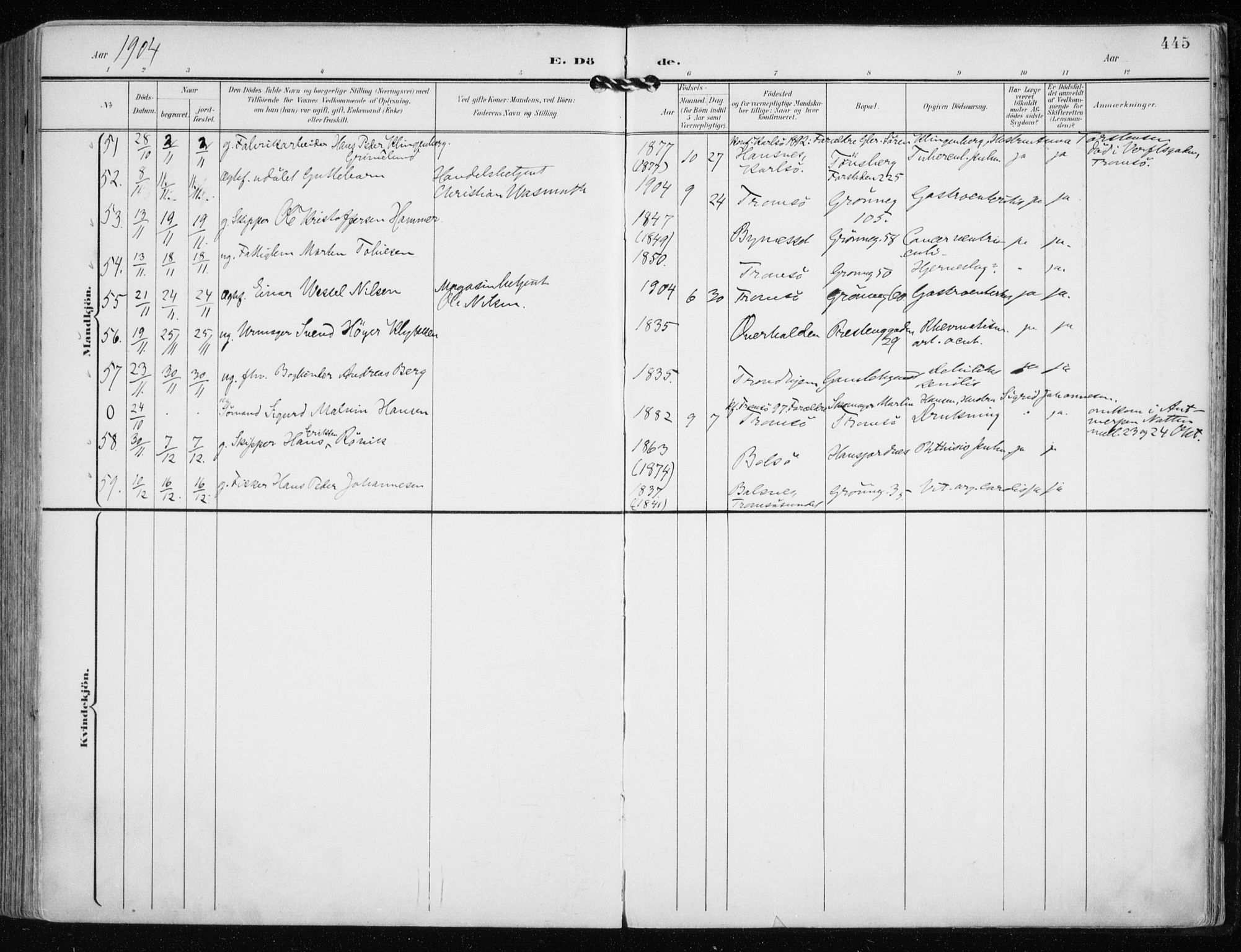 Tromsø sokneprestkontor/stiftsprosti/domprosti, SATØ/S-1343/G/Ga/L0016kirke: Parish register (official) no. 16, 1899-1906, p. 445