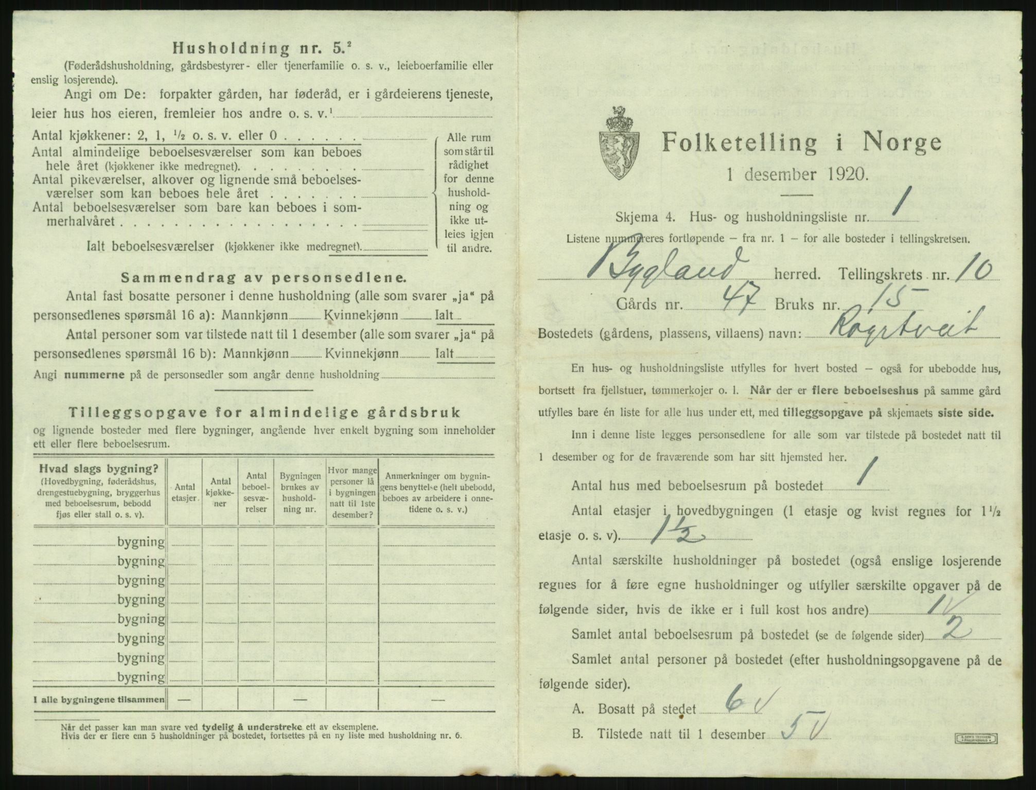 SAK, 1920 census for Bygland, 1920, p. 559