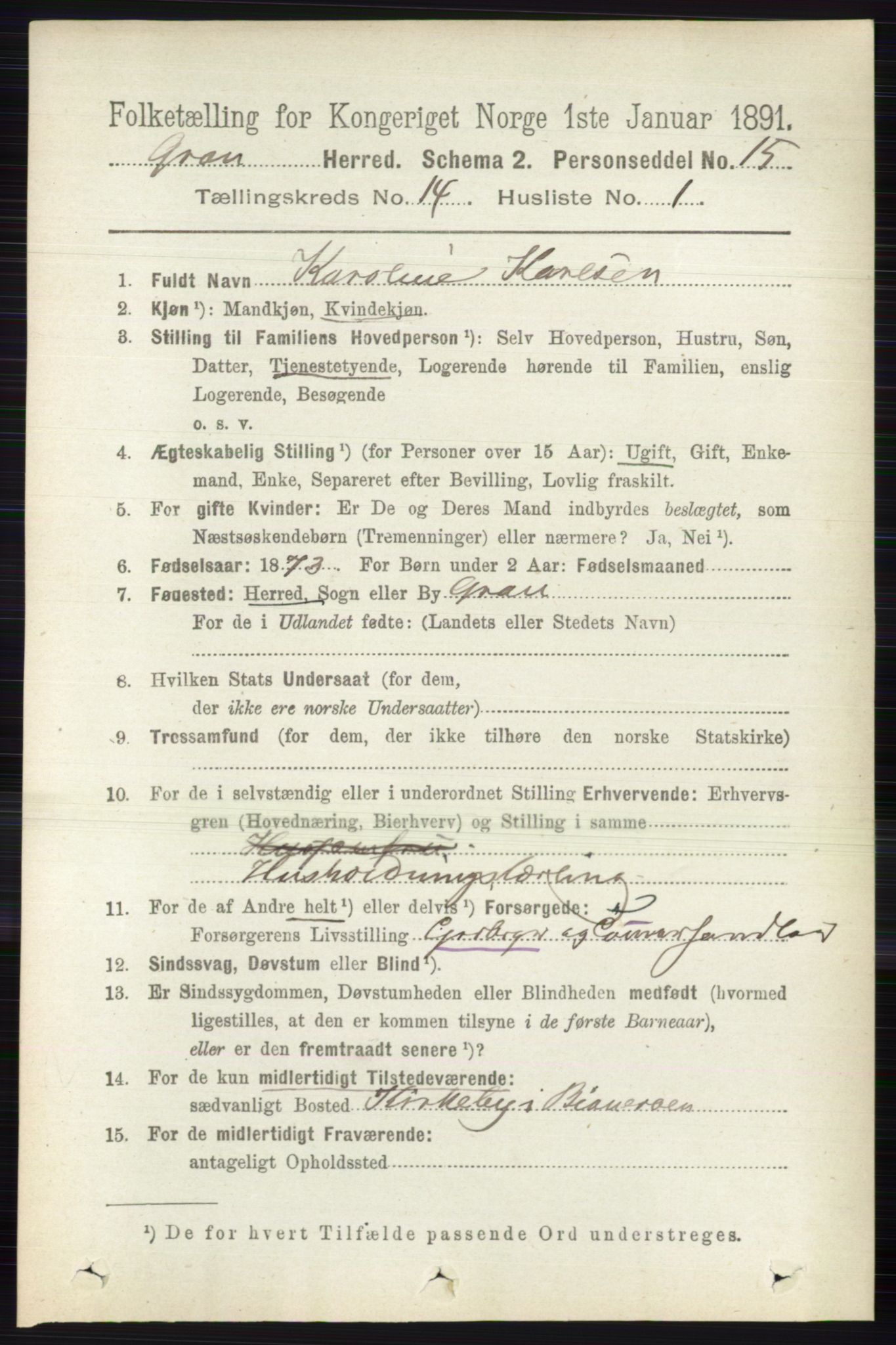 RA, 1891 census for 0534 Gran, 1891, p. 6988