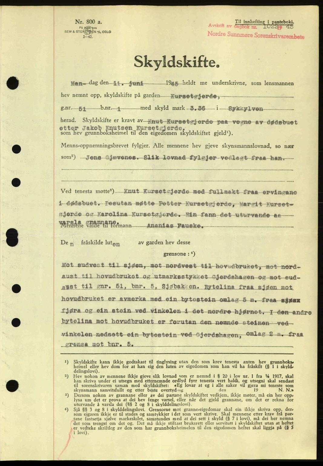 Nordre Sunnmøre sorenskriveri, AV/SAT-A-0006/1/2/2C/2Ca: Mortgage book no. A20a, 1945-1945, Diary no: : 1022/1945