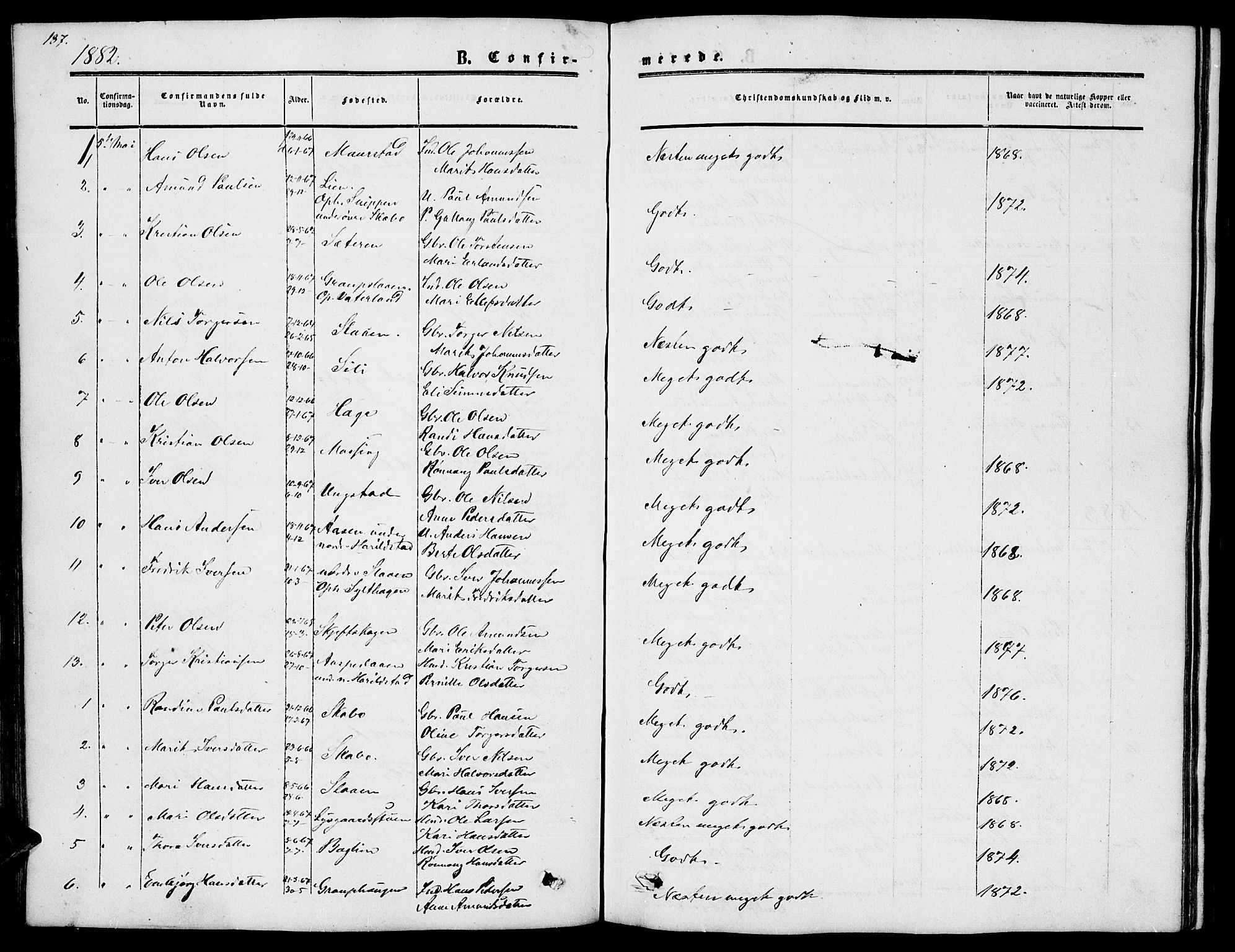 Nord-Fron prestekontor, SAH/PREST-080/H/Ha/Hab/L0002: Parish register (copy) no. 2, 1851-1883, p. 187