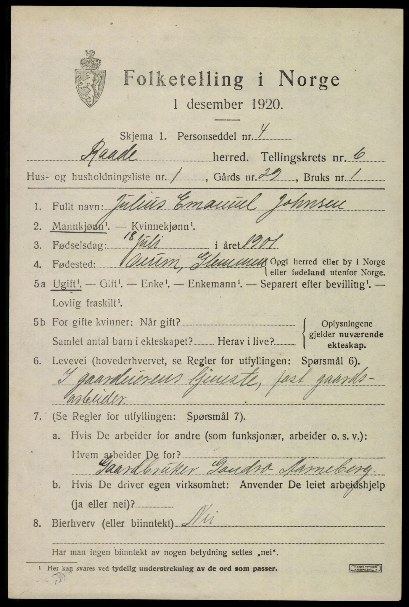 SAO, 1920 census for Råde, 1920, p. 5607