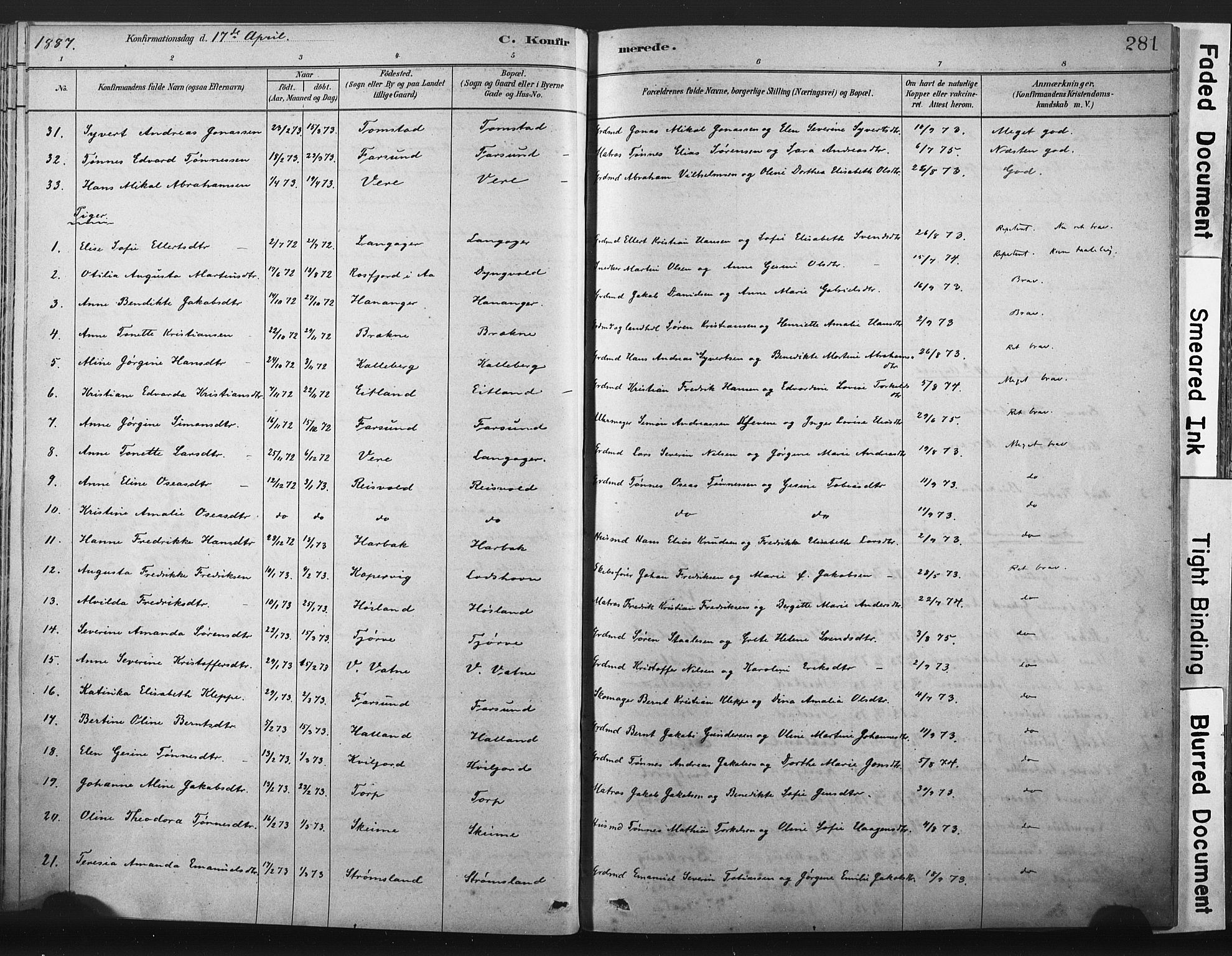 Lista sokneprestkontor, AV/SAK-1111-0027/F/Fa/L0012: Parish register (official) no. A 12, 1879-1903, p. 281