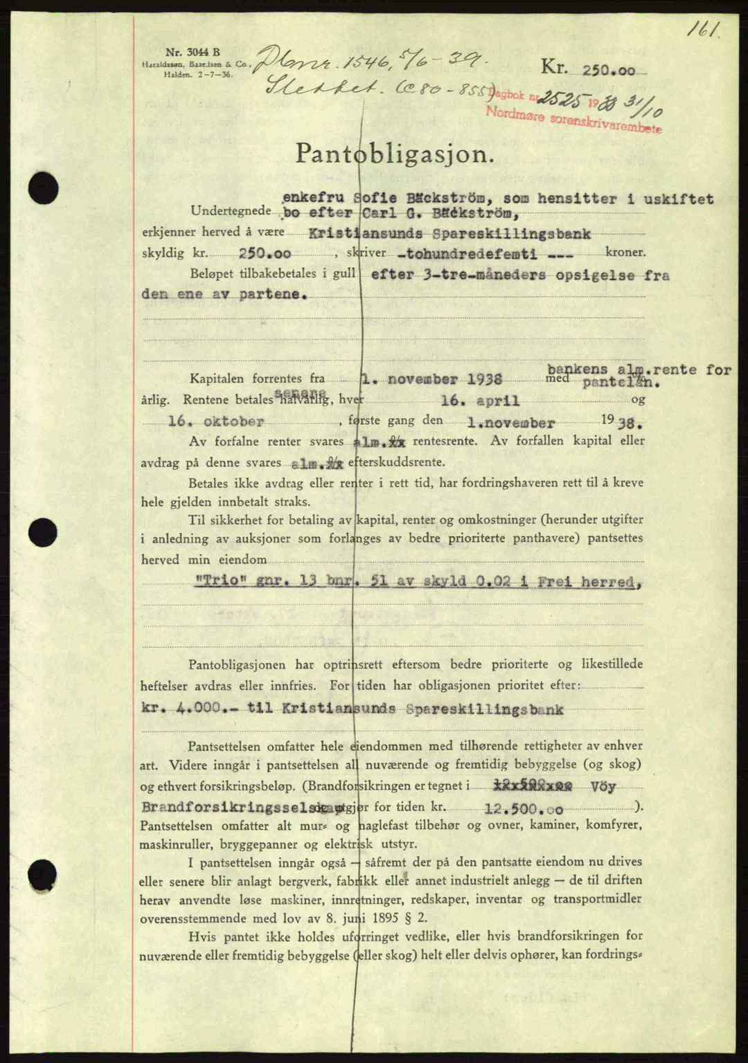 Nordmøre sorenskriveri, SAT/A-4132/1/2/2Ca: Mortgage book no. B84, 1938-1939, Diary no: : 2525/1938