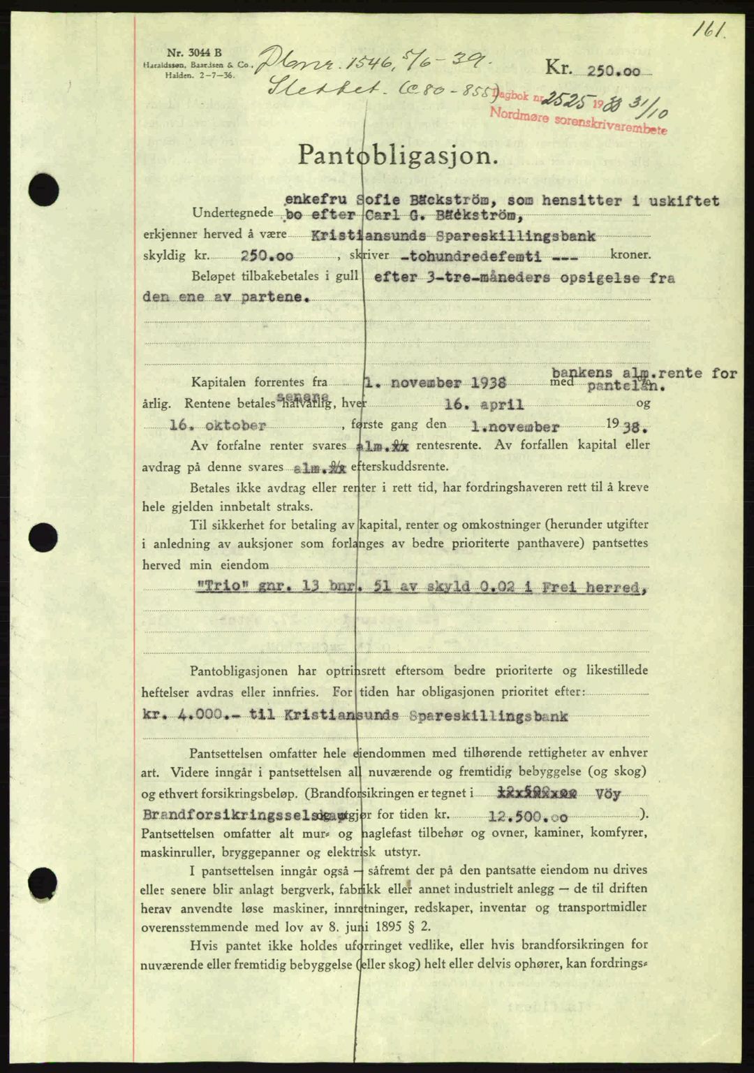 Nordmøre sorenskriveri, AV/SAT-A-4132/1/2/2Ca: Mortgage book no. B84, 1938-1939, Diary no: : 2525/1938