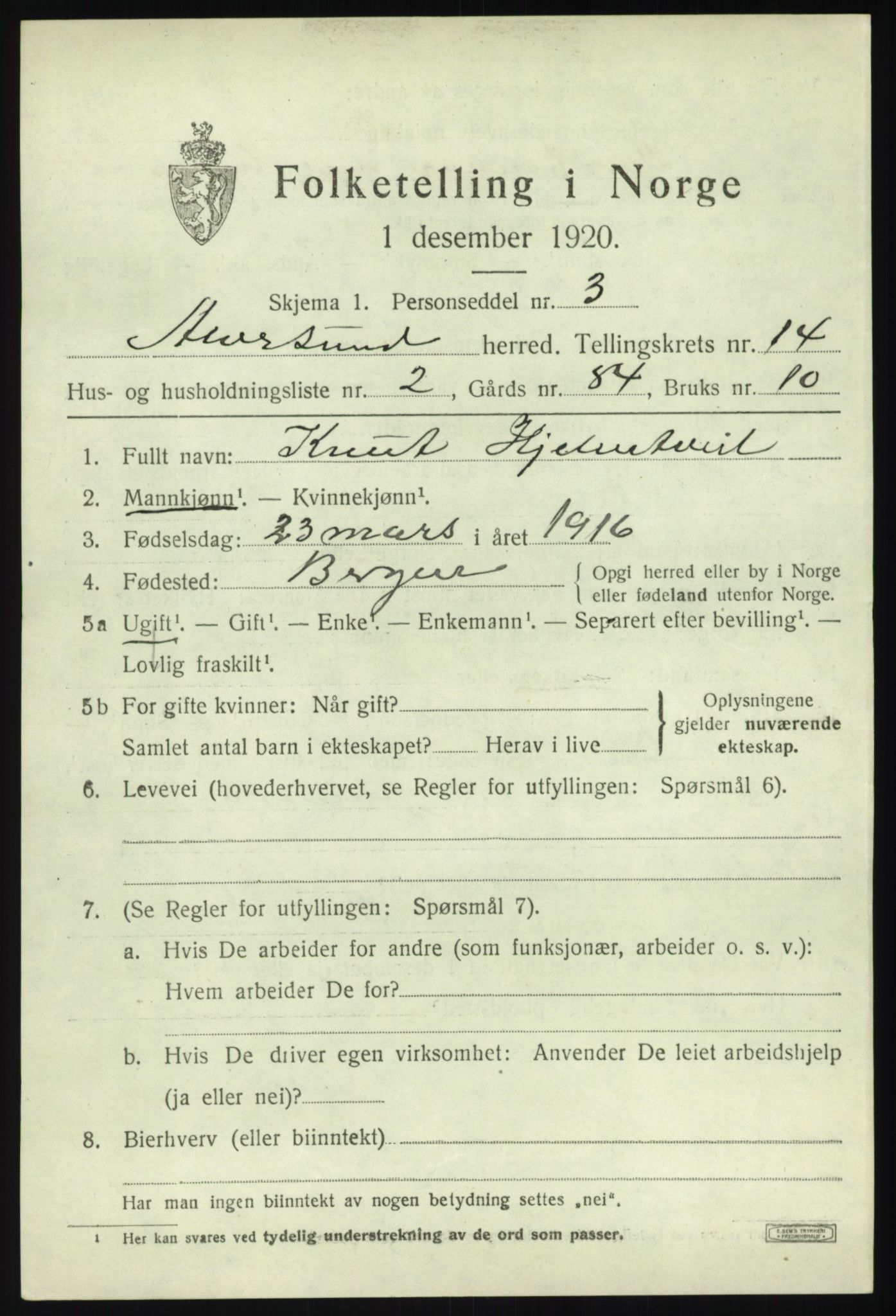 SAB, 1920 census for Alversund, 1920, p. 7682