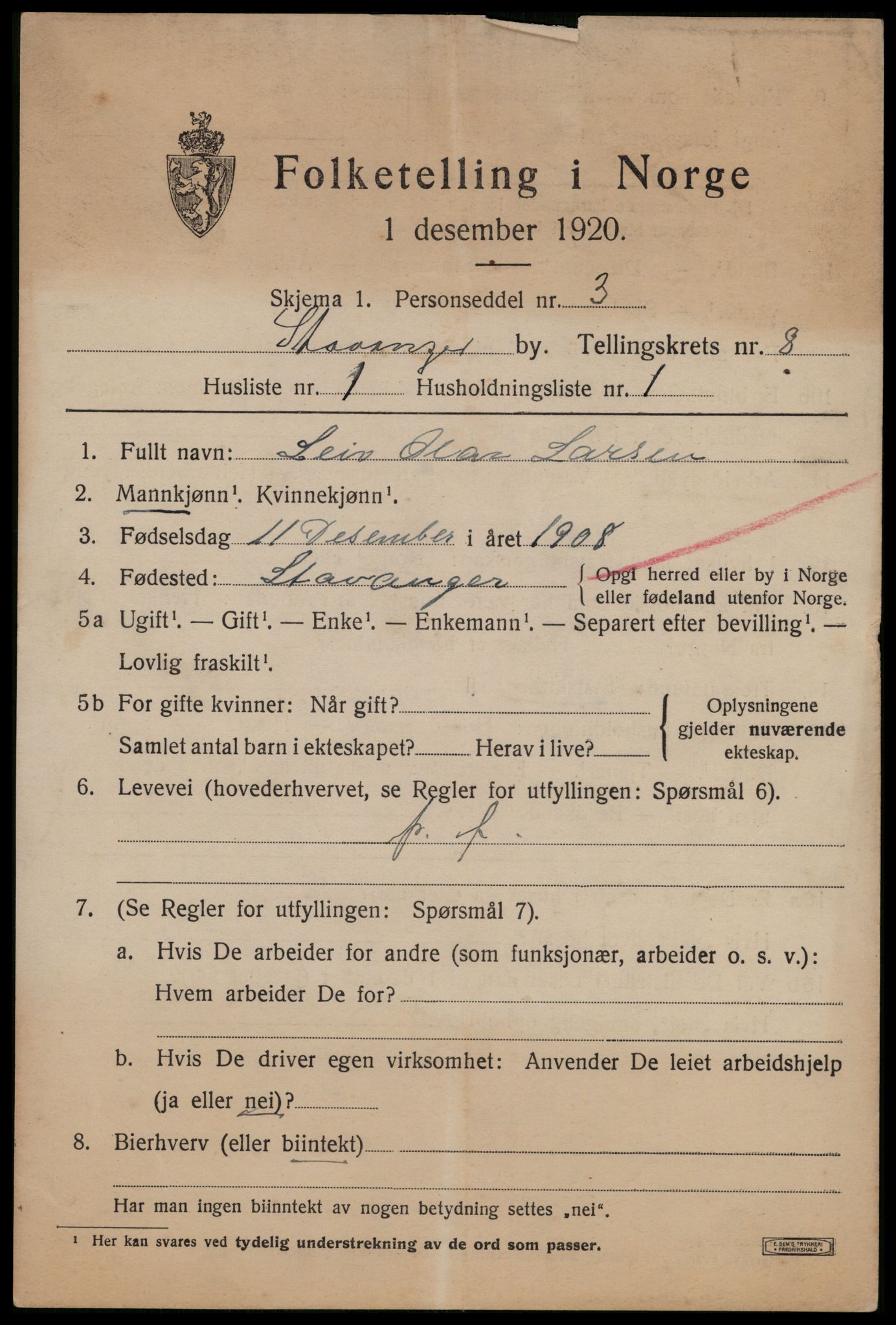 SAST, 1920 census for Stavanger, 1920, p. 47074