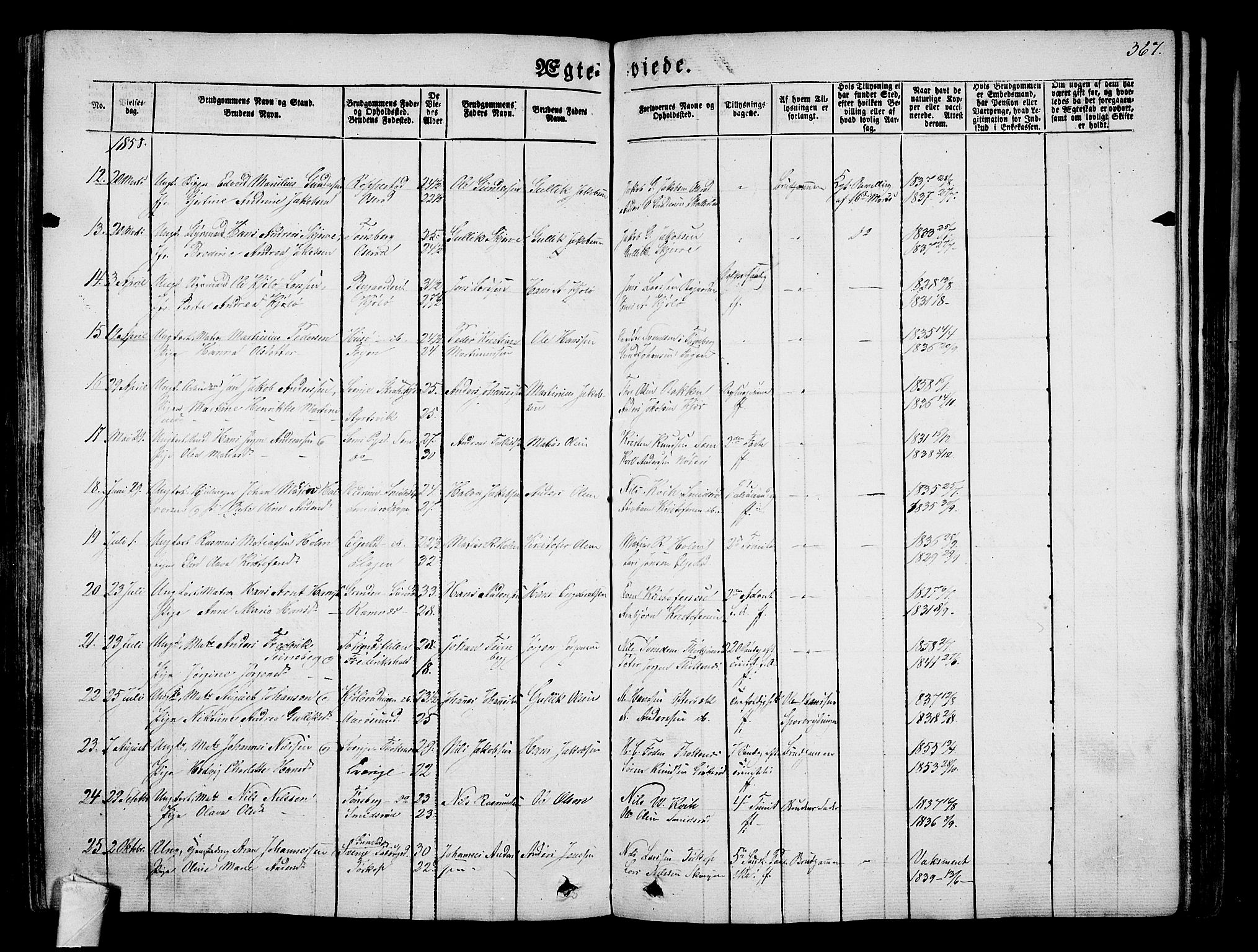 Nøtterøy kirkebøker, AV/SAKO-A-354/G/Ga/L0001: Parish register (copy) no. I 1, 1844-1859, p. 367