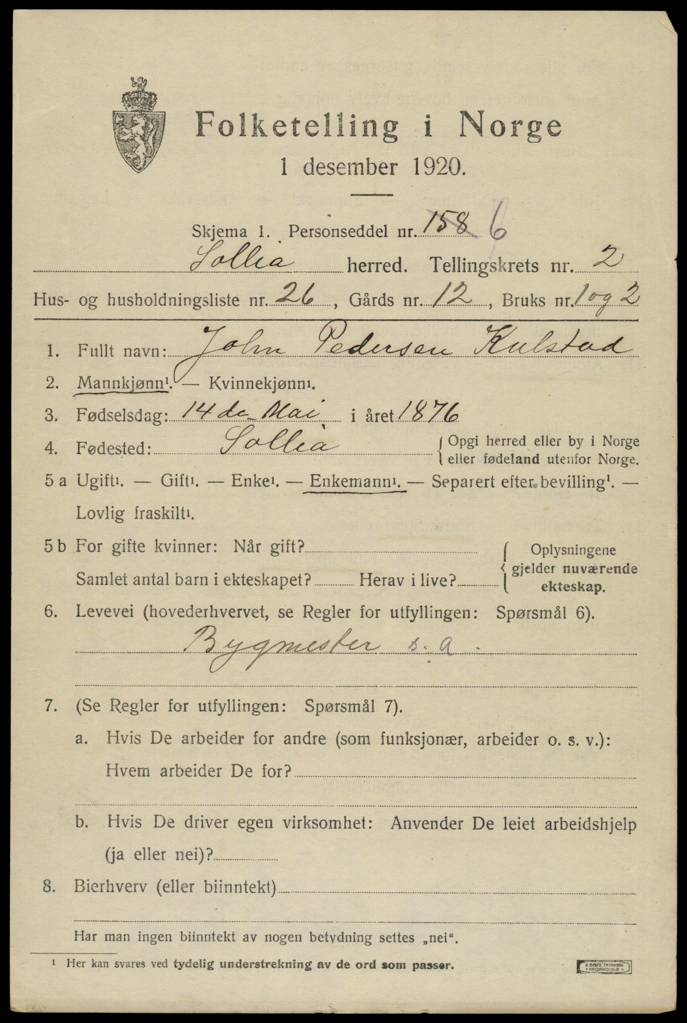 SAH, 1920 census for Sollia, 1920, p. 613