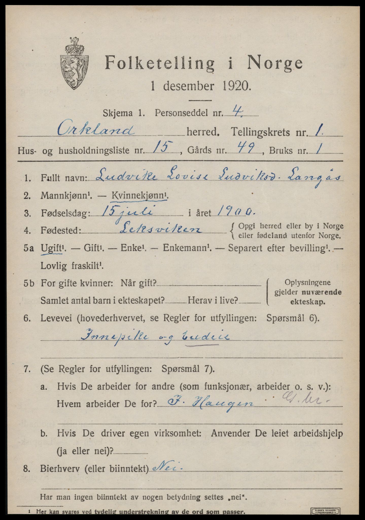 SAT, 1920 census for Orkland, 1920, p. 912