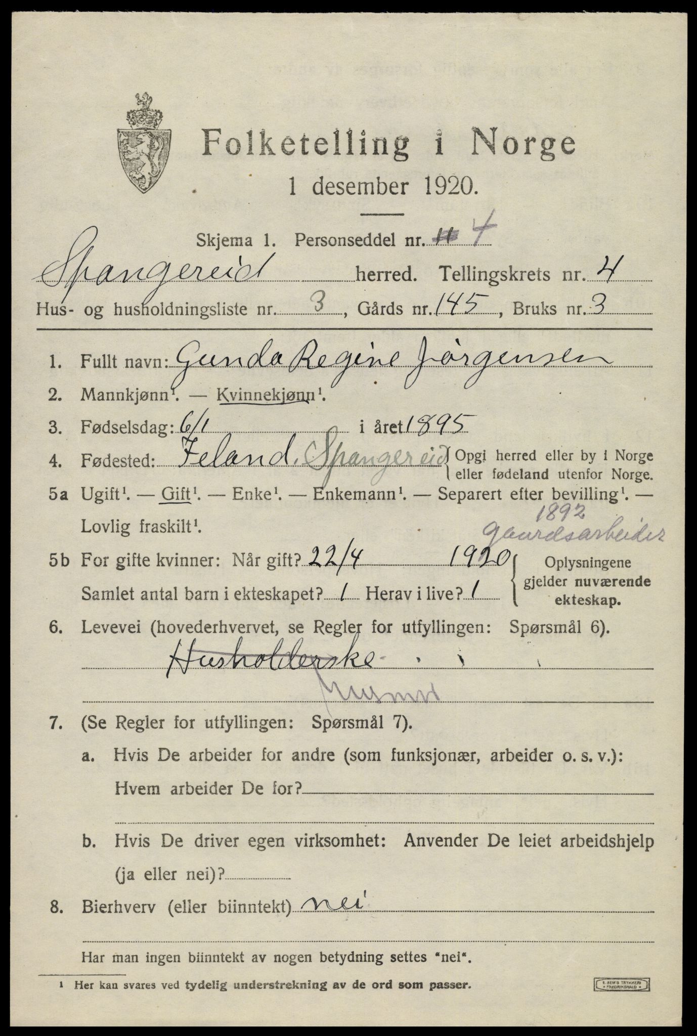 SAK, 1920 census for Spangereid, 1920, p. 1539