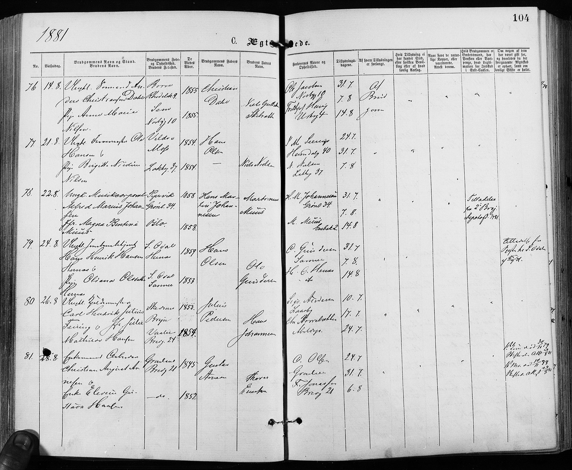 Grønland prestekontor Kirkebøker, SAO/A-10848/F/Fa/L0006: Parish register (official) no. 6, 1877-1886, p. 104