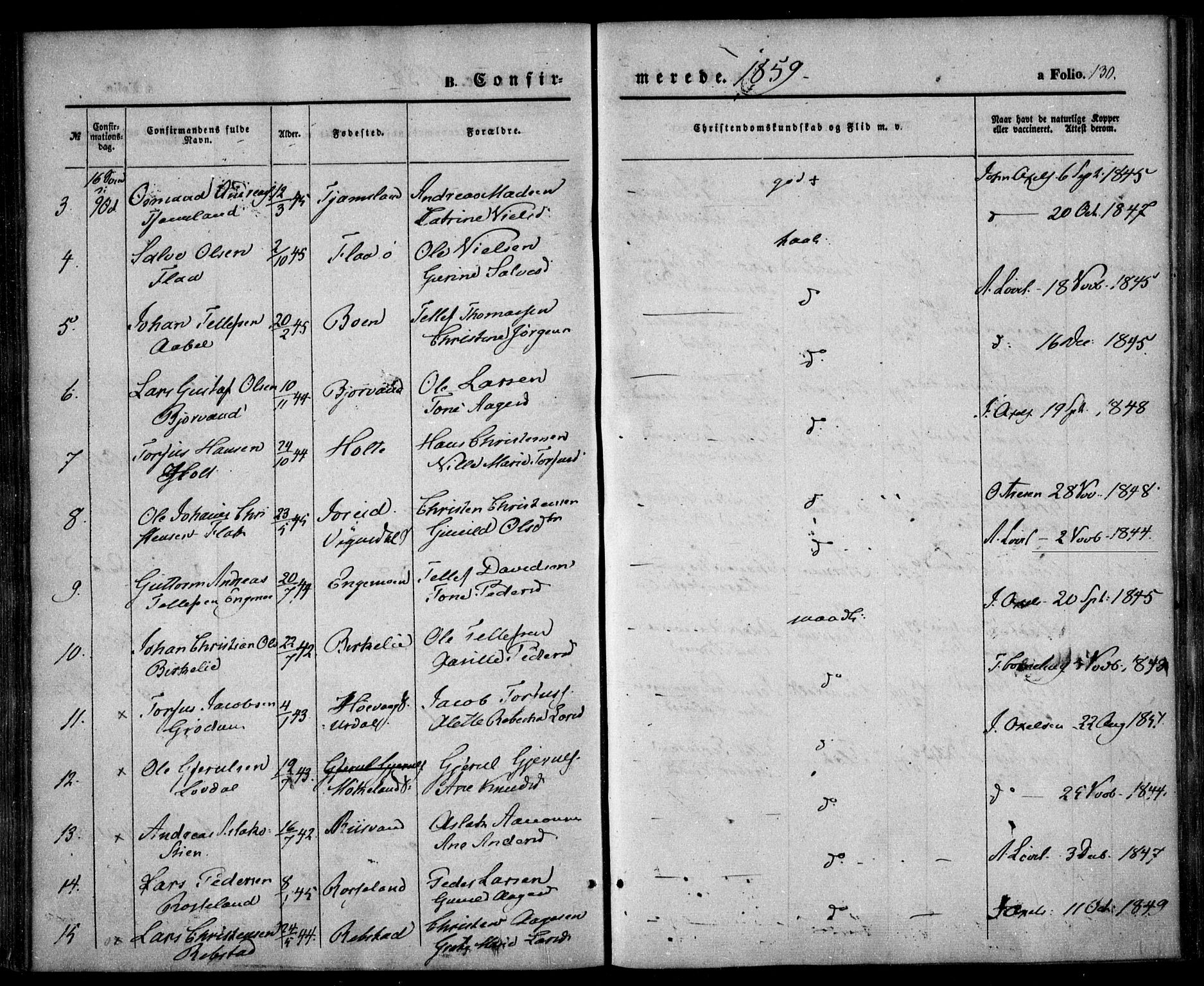 Birkenes sokneprestkontor, AV/SAK-1111-0004/F/Fa/L0003: Parish register (official) no. A 3, 1850-1866, p. 130