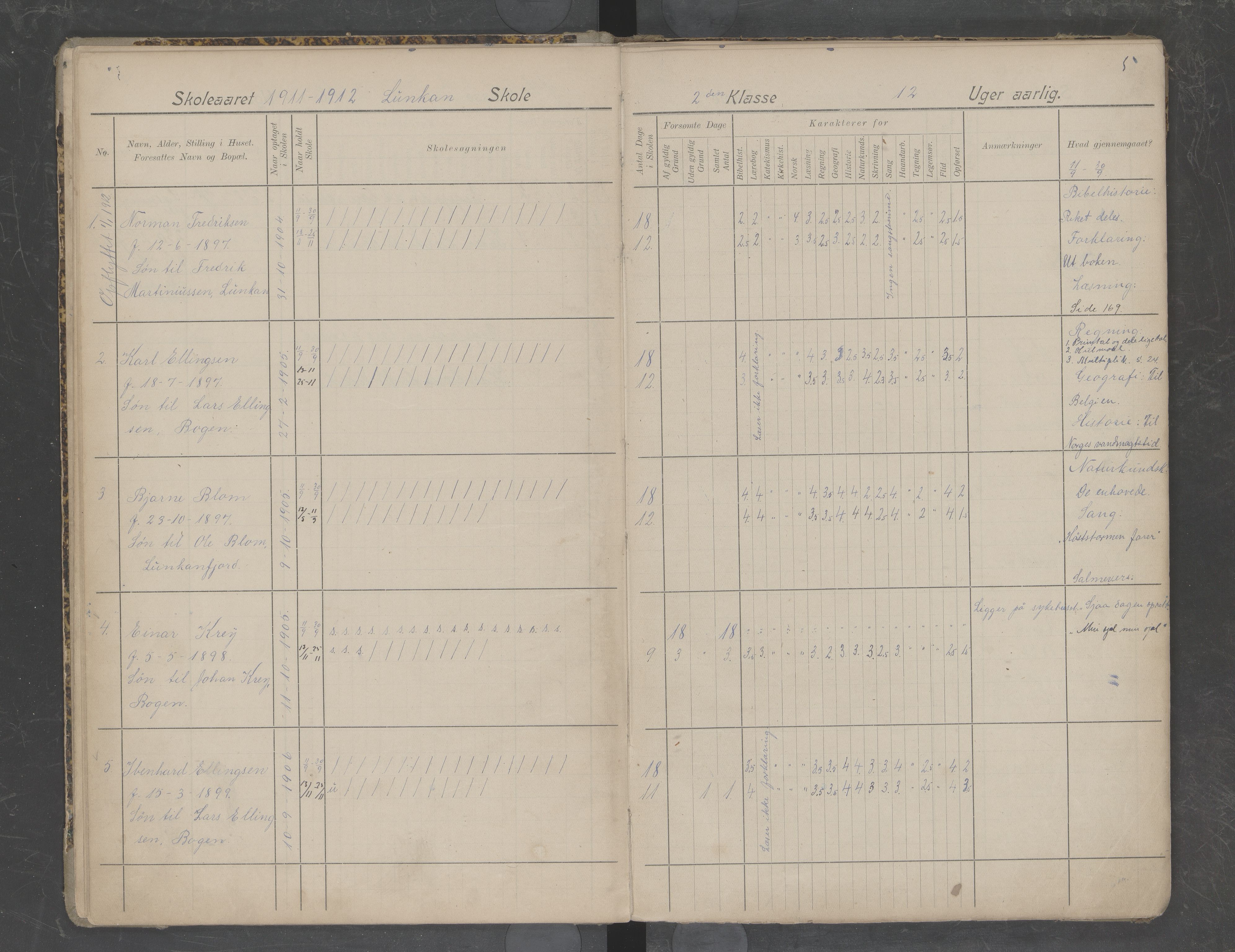 Hadsel kommune. Lonkan skolekrets, AIN/K-18660.510.05/G/L0002: Skoleprotokoll Lonkan skole, 1911-1919