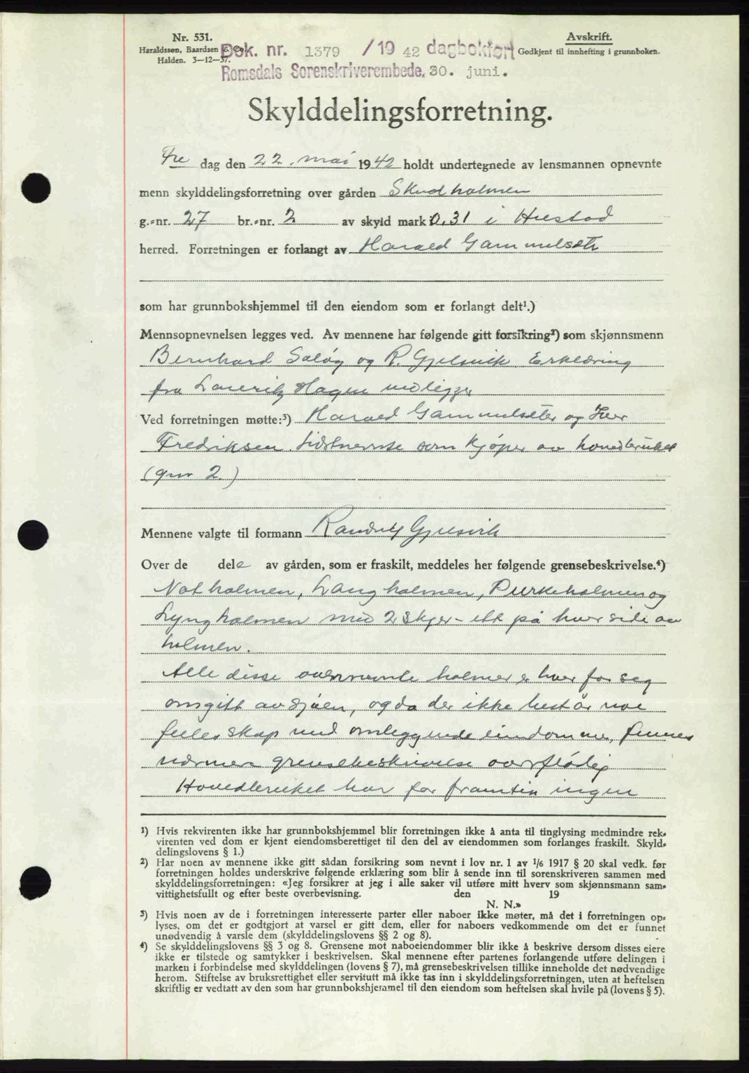 Romsdal sorenskriveri, AV/SAT-A-4149/1/2/2C: Mortgage book no. A12, 1942-1942, Diary no: : 1379/1942