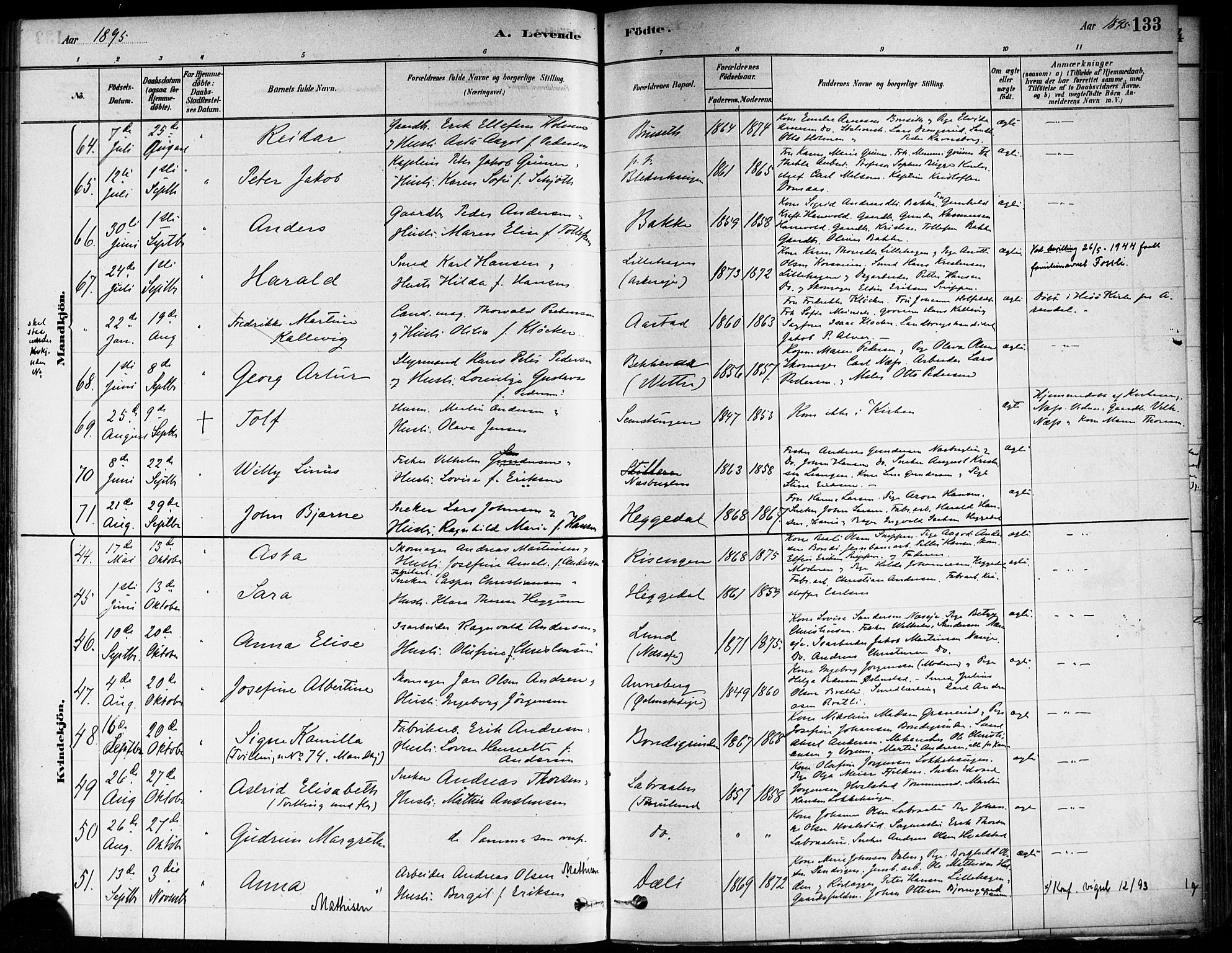 Asker prestekontor Kirkebøker, SAO/A-10256a/F/Fa/L0013: Parish register (official) no. I 13, 1879-1896, p. 133