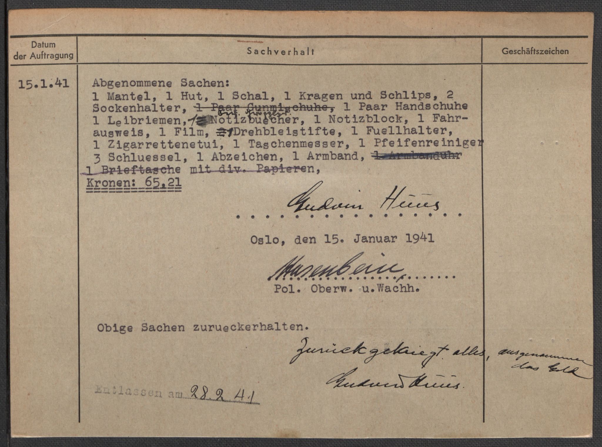 Befehlshaber der Sicherheitspolizei und des SD, AV/RA-RAFA-5969/E/Ea/Eaa/L0004: Register over norske fanger i Møllergata 19: Hal-Hæ, 1940-1945, p. 1454