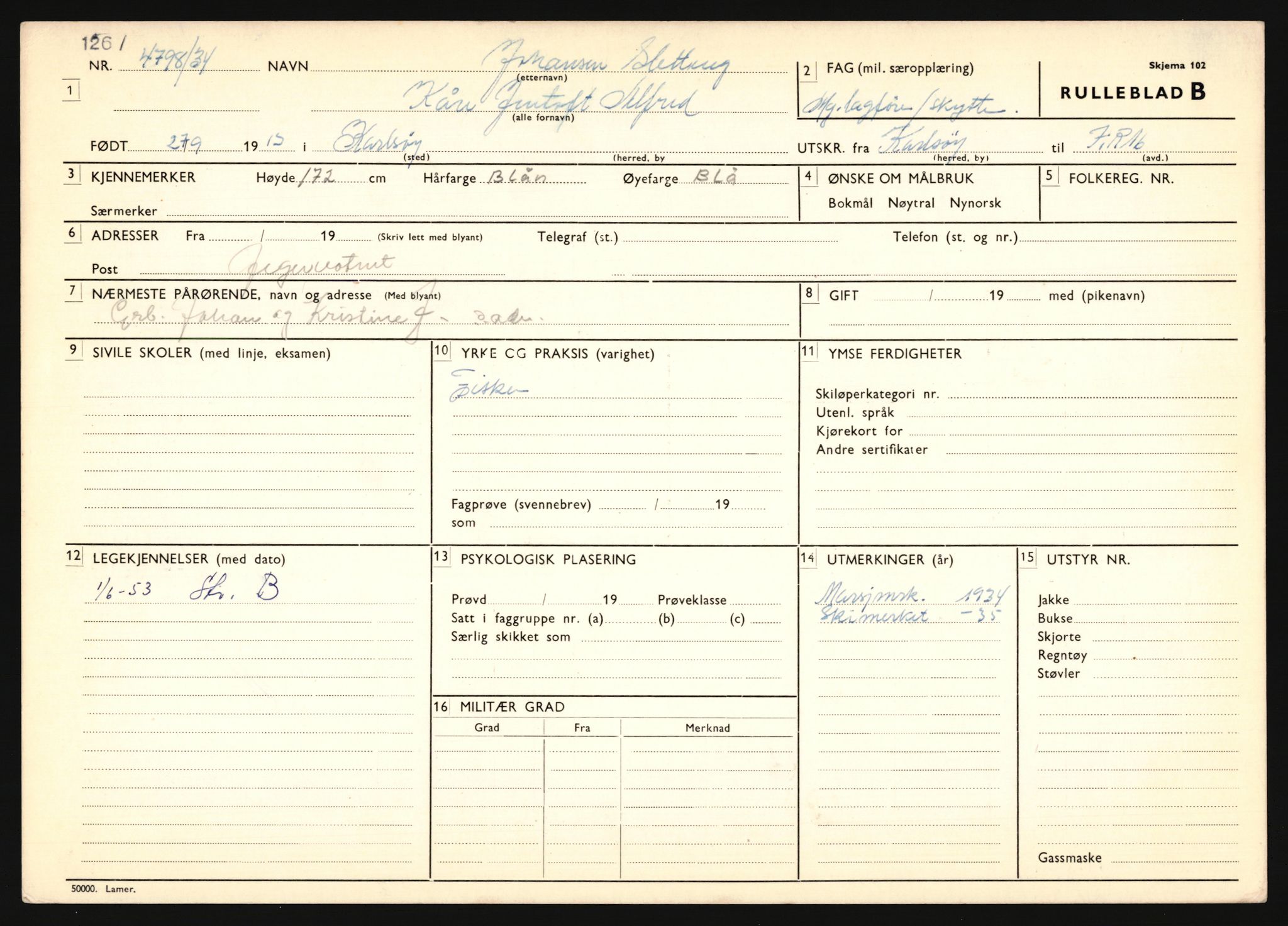 Forsvaret, Troms infanteriregiment nr. 16, AV/RA-RAFA-3146/P/Pa/L0018: Rulleblad for regimentets menige mannskaper, årsklasse 1934, 1934, p. 1159