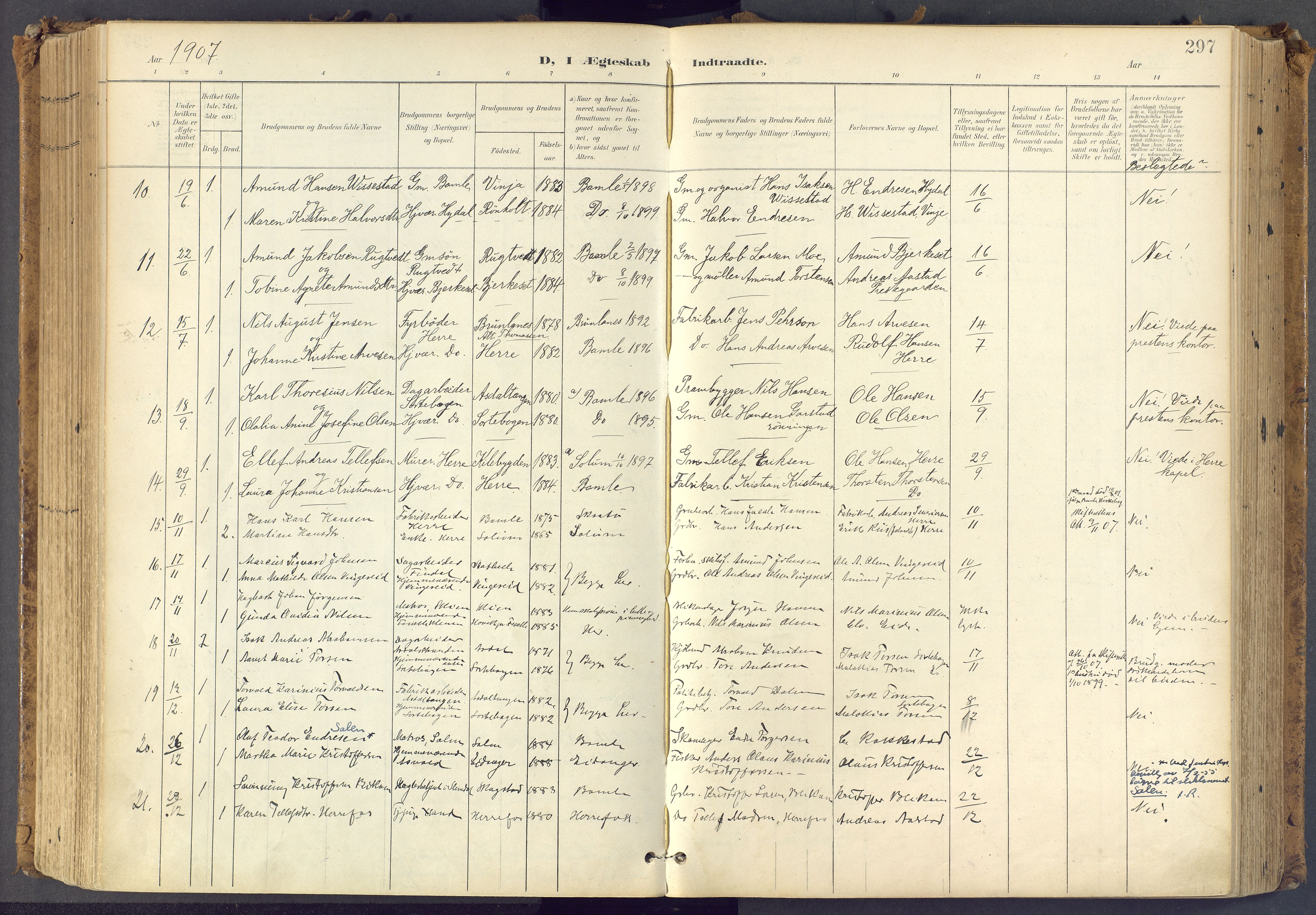 Bamble kirkebøker, SAKO/A-253/F/Fa/L0009: Parish register (official) no. I 9, 1901-1917, p. 297