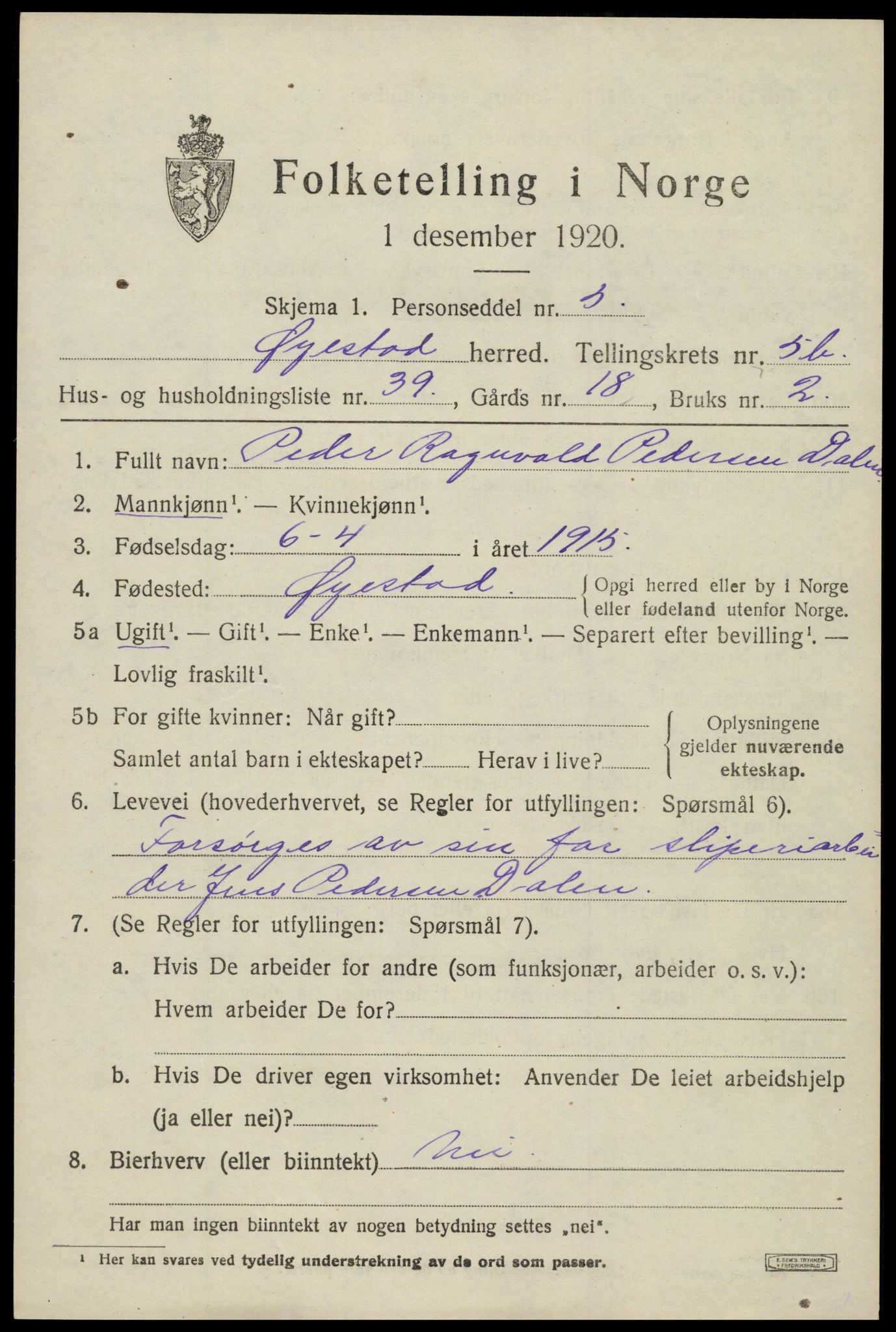 SAK, 1920 census for Øyestad, 1920, p. 4066