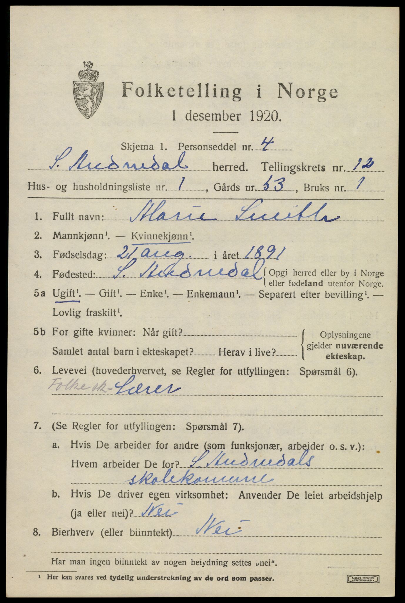 SAK, 1920 census for Sør-Audnedal, 1920, p. 4529