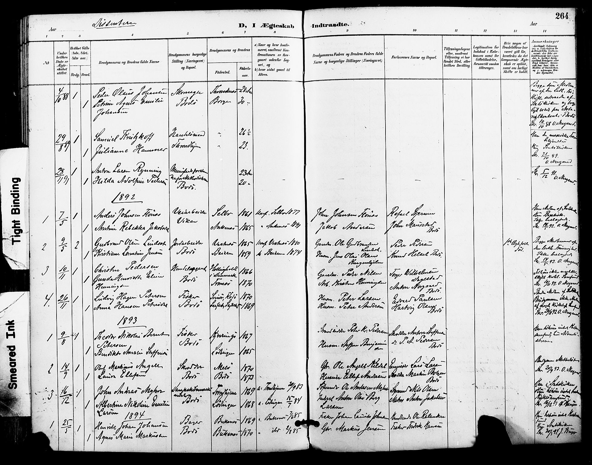 Ministerialprotokoller, klokkerbøker og fødselsregistre - Nordland, AV/SAT-A-1459/801/L0010: Parish register (official) no. 801A10, 1888-1899, p. 264