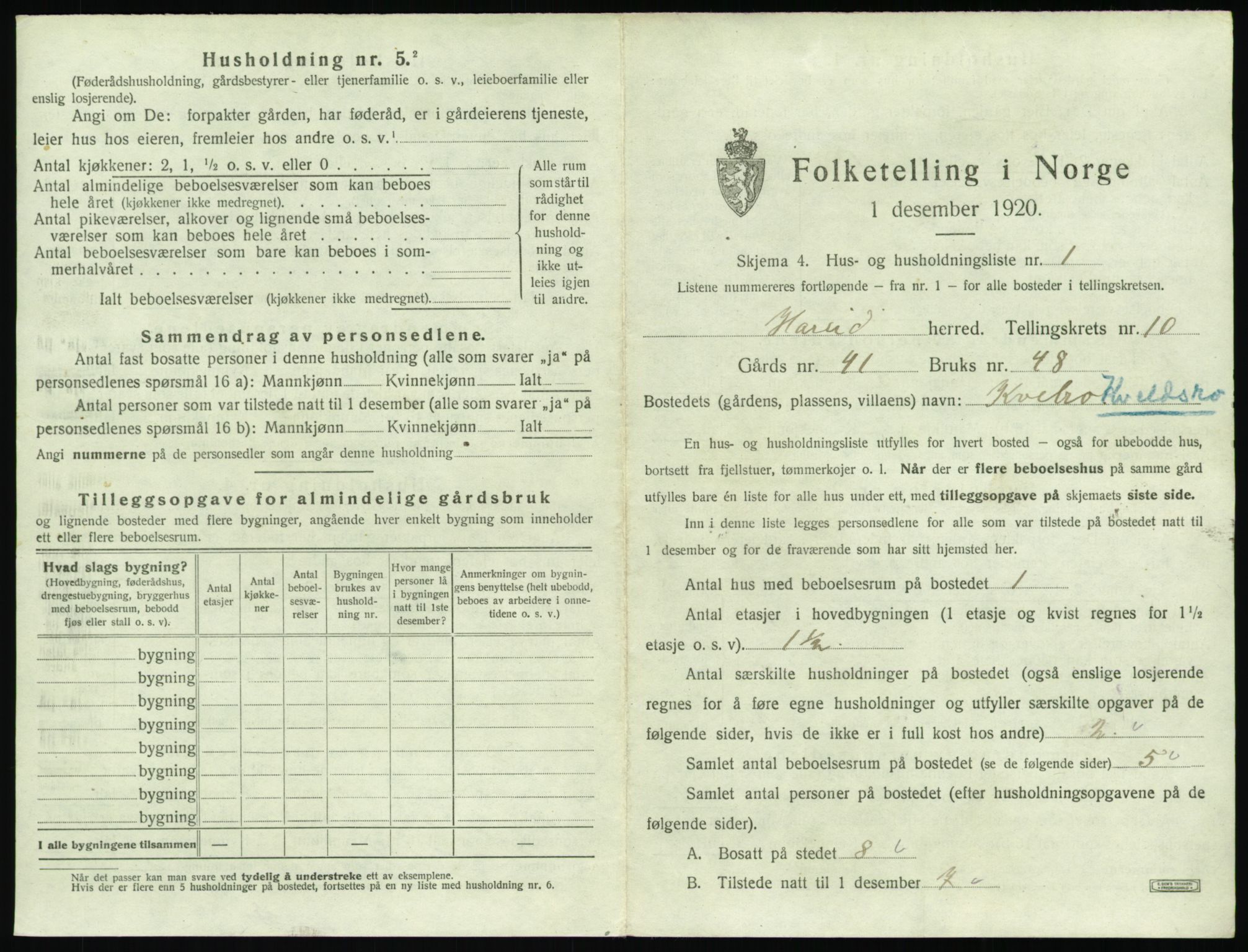 SAT, 1920 census for Hareid, 1920, p. 481