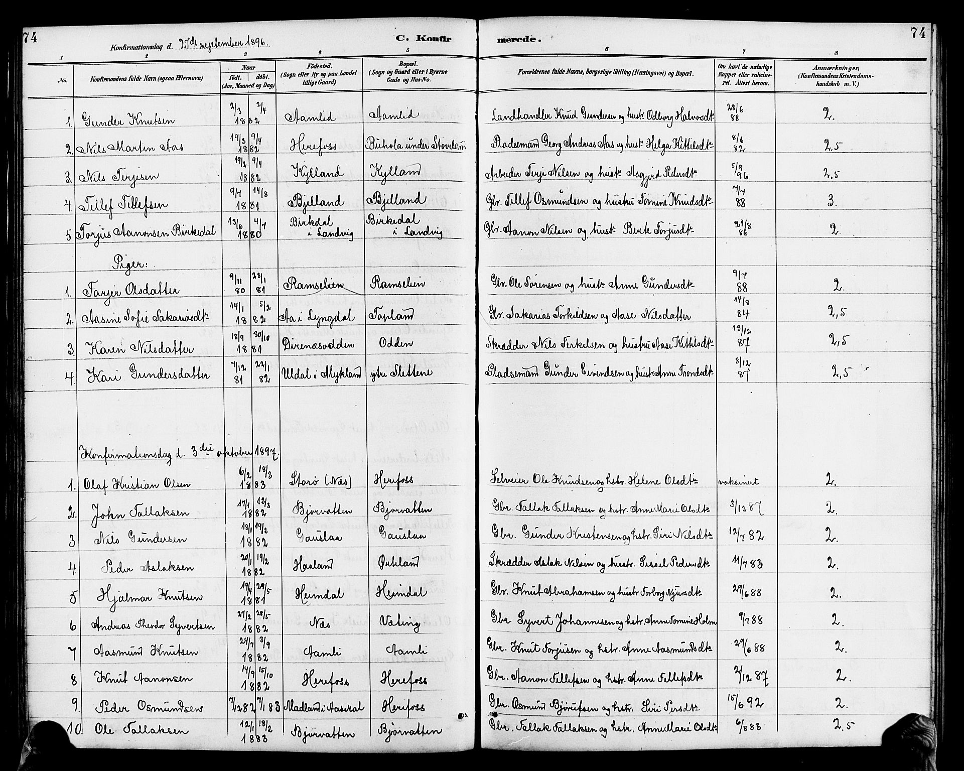 Herefoss sokneprestkontor, AV/SAK-1111-0019/F/Fb/Fba/L0003: Parish register (copy) no. B 3, 1887-1925, p. 74