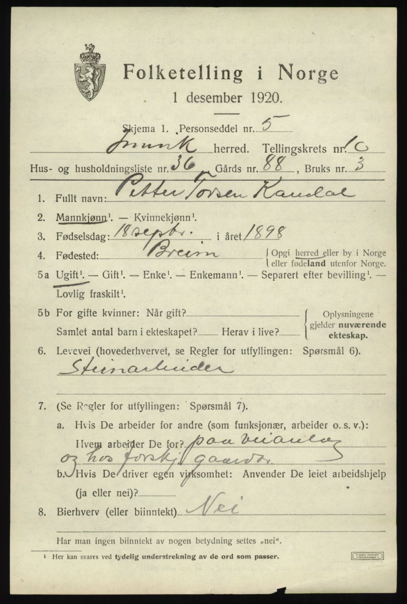 SAB, 1920 census for Innvik, 1920, p. 4529