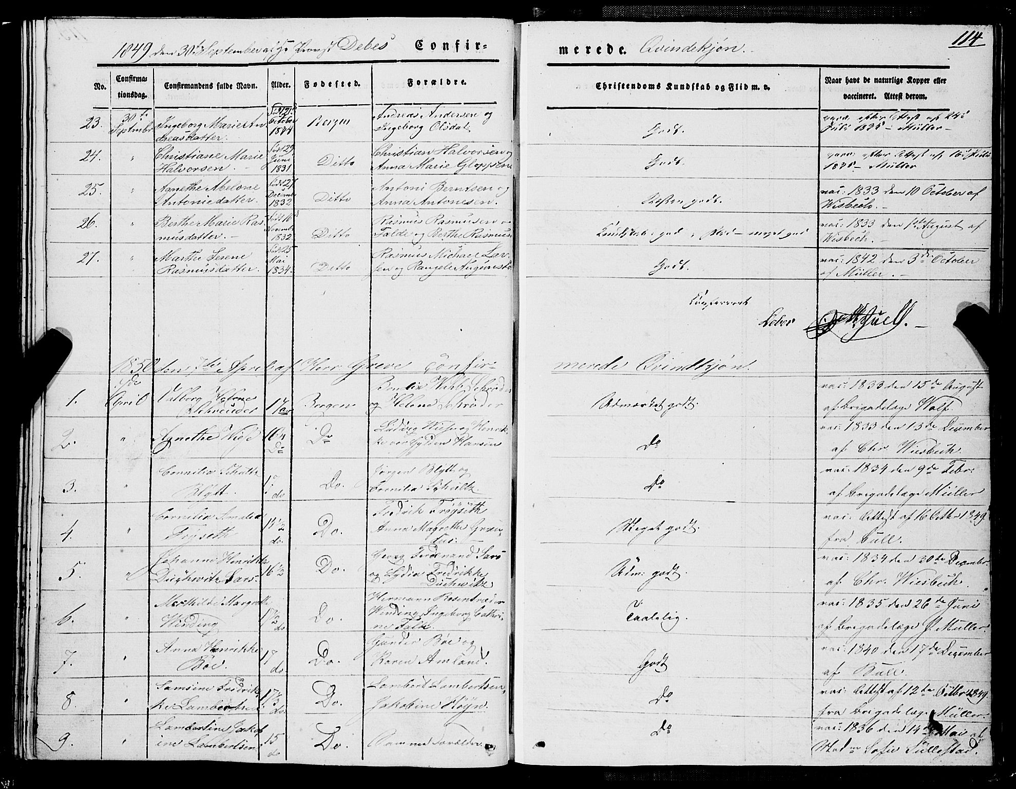Domkirken sokneprestembete, SAB/A-74801/H/Haa/L0027: Parish register (official) no. C 2, 1841-1852, p. 114
