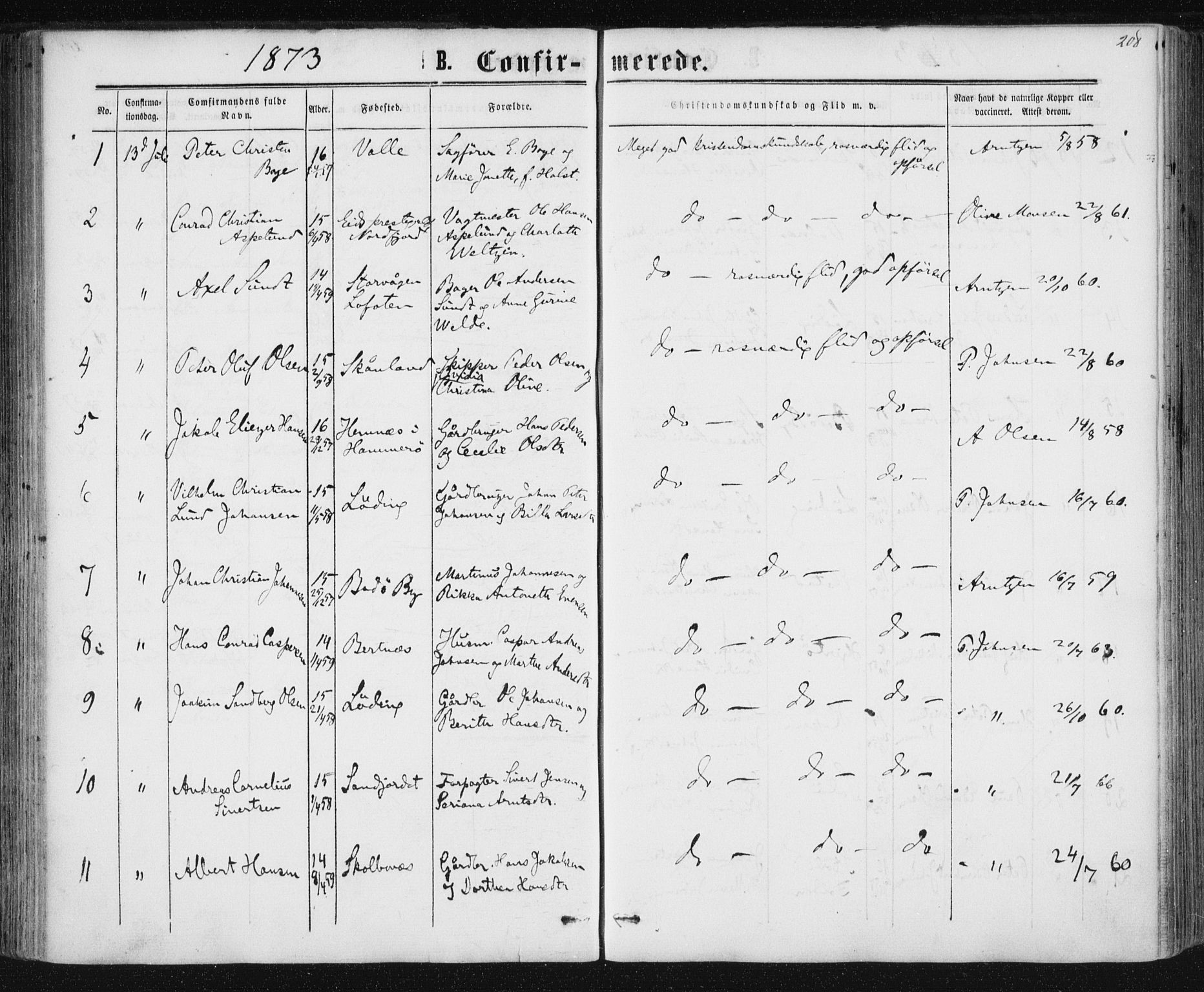 Ministerialprotokoller, klokkerbøker og fødselsregistre - Nordland, SAT/A-1459/801/L0008: Parish register (official) no. 801A08, 1864-1875, p. 208