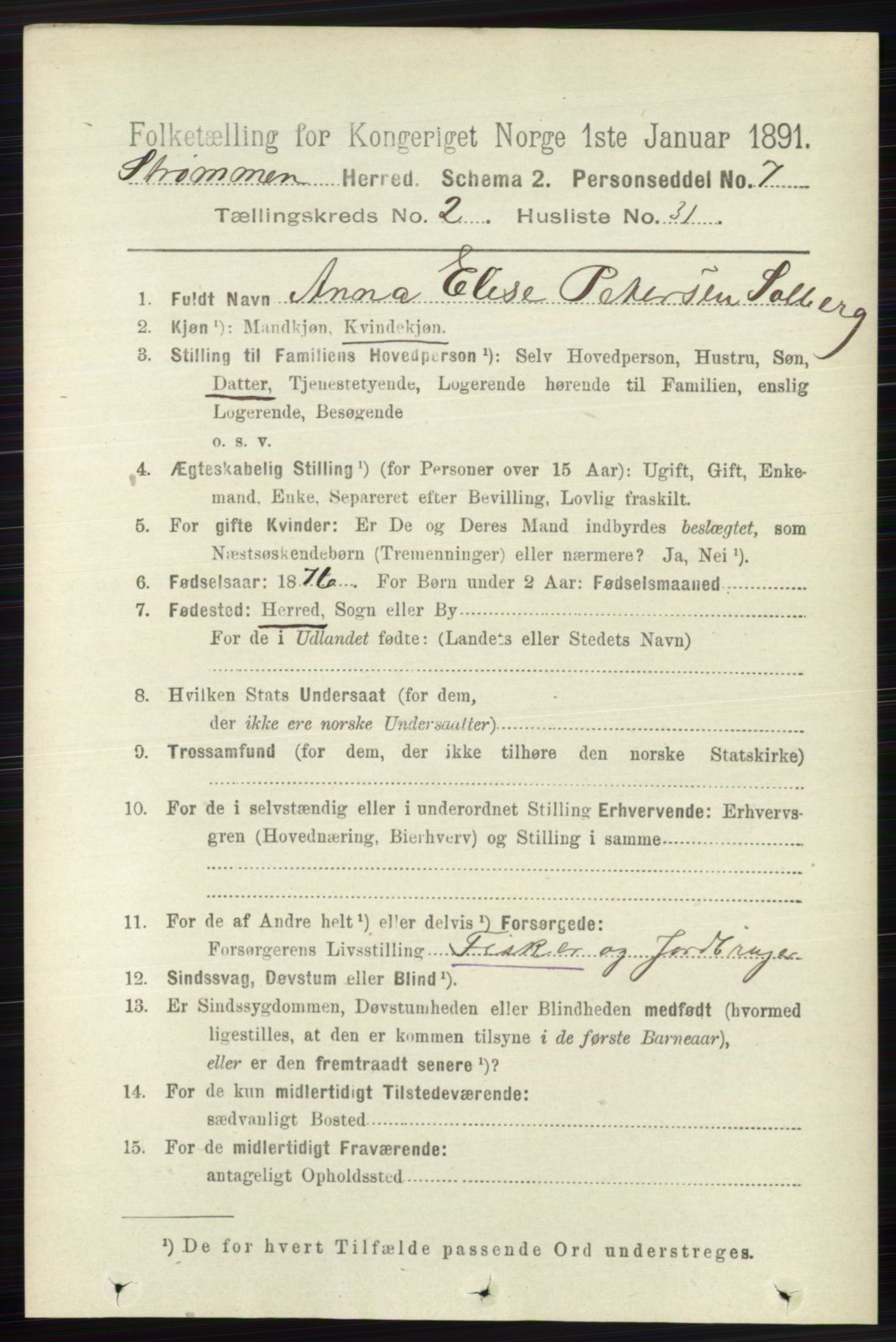 RA, 1891 census for 0711 Strømm, 1891, p. 878