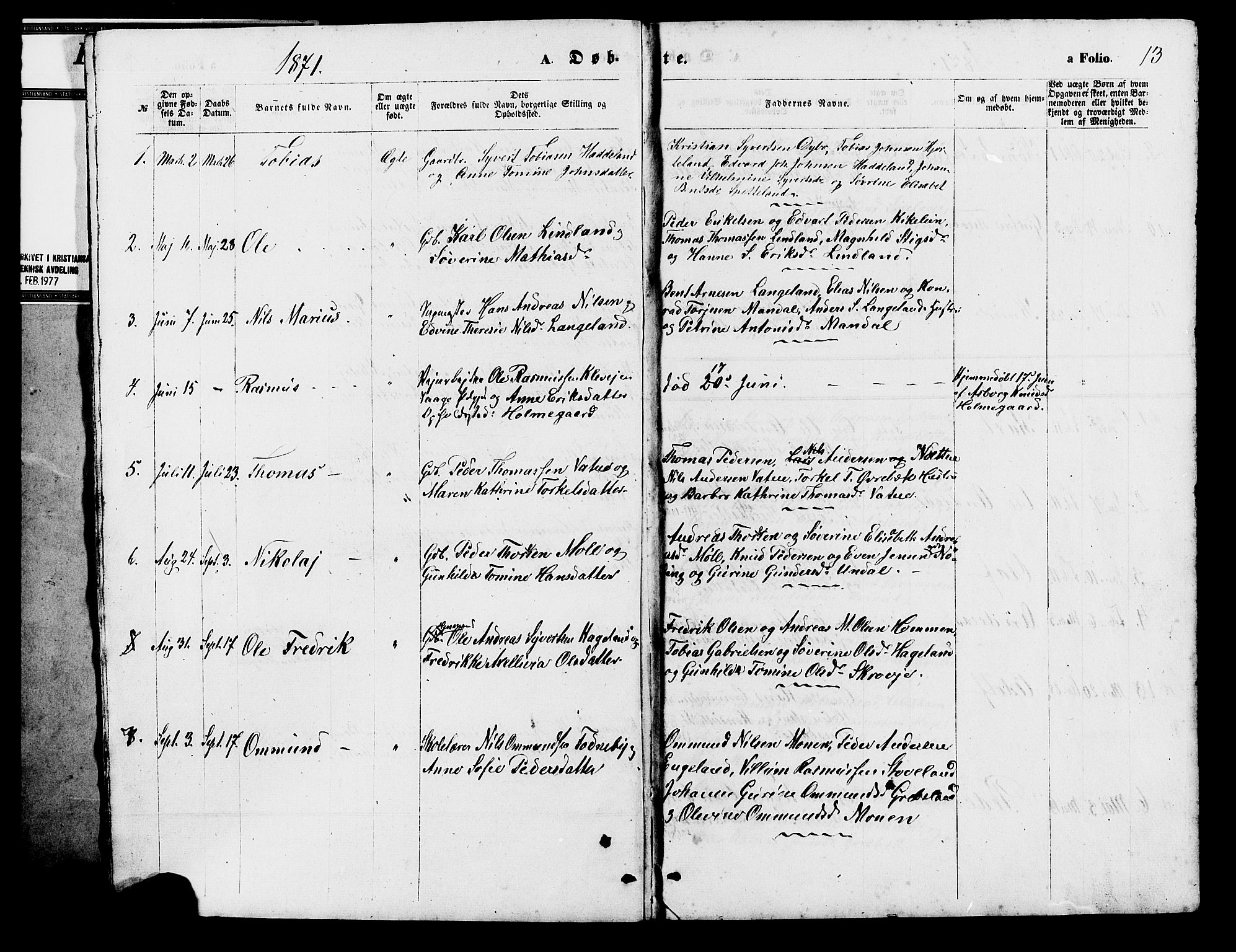 Holum sokneprestkontor, SAK/1111-0022/F/Fb/Fba/L0004: Parish register (copy) no. B 4, 1867-1890, p. 13