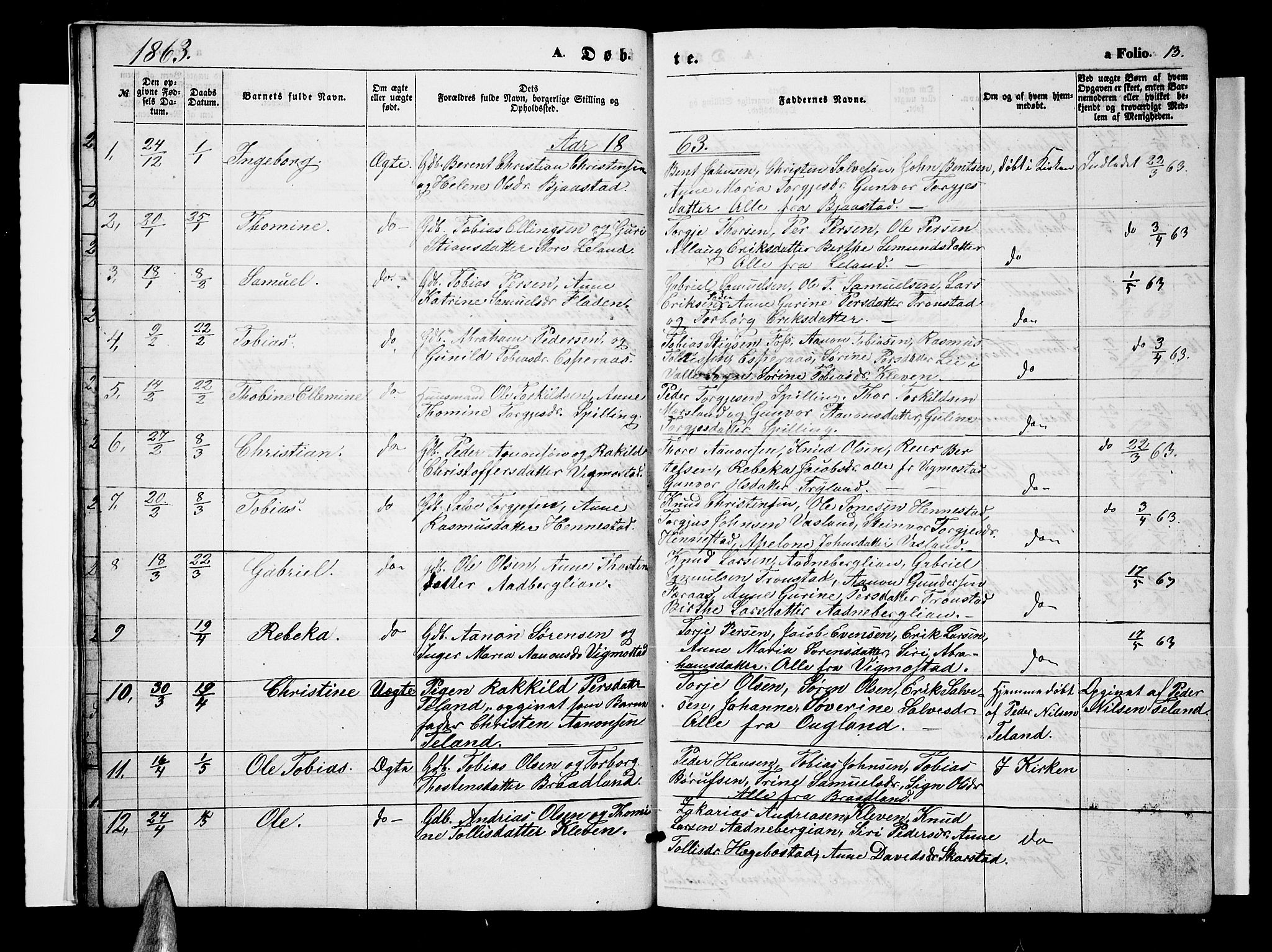 Nord-Audnedal sokneprestkontor, SAK/1111-0032/F/Fb/Fbb/L0002: Parish register (copy) no. B 2, 1859-1882, p. 13