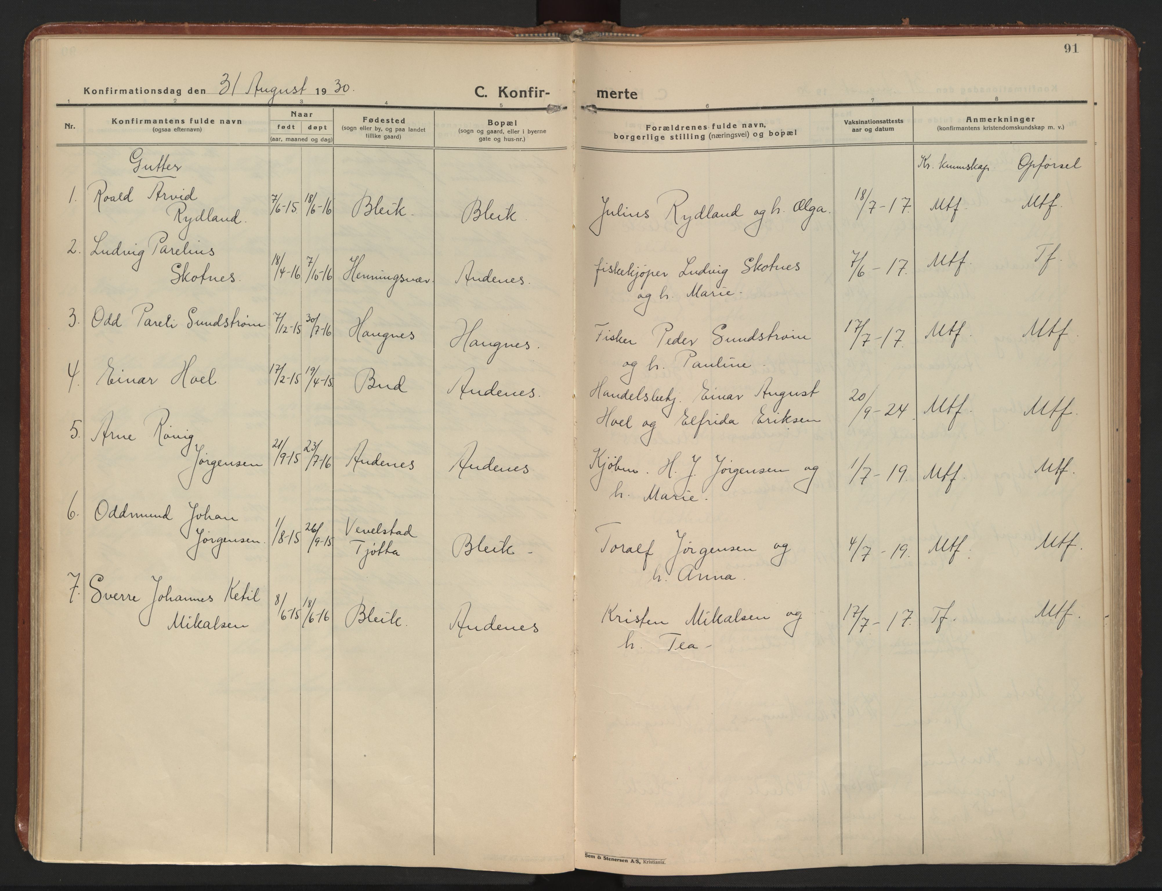 Ministerialprotokoller, klokkerbøker og fødselsregistre - Nordland, AV/SAT-A-1459/899/L1441: Parish register (official) no. 899A09, 1923-1939, p. 91