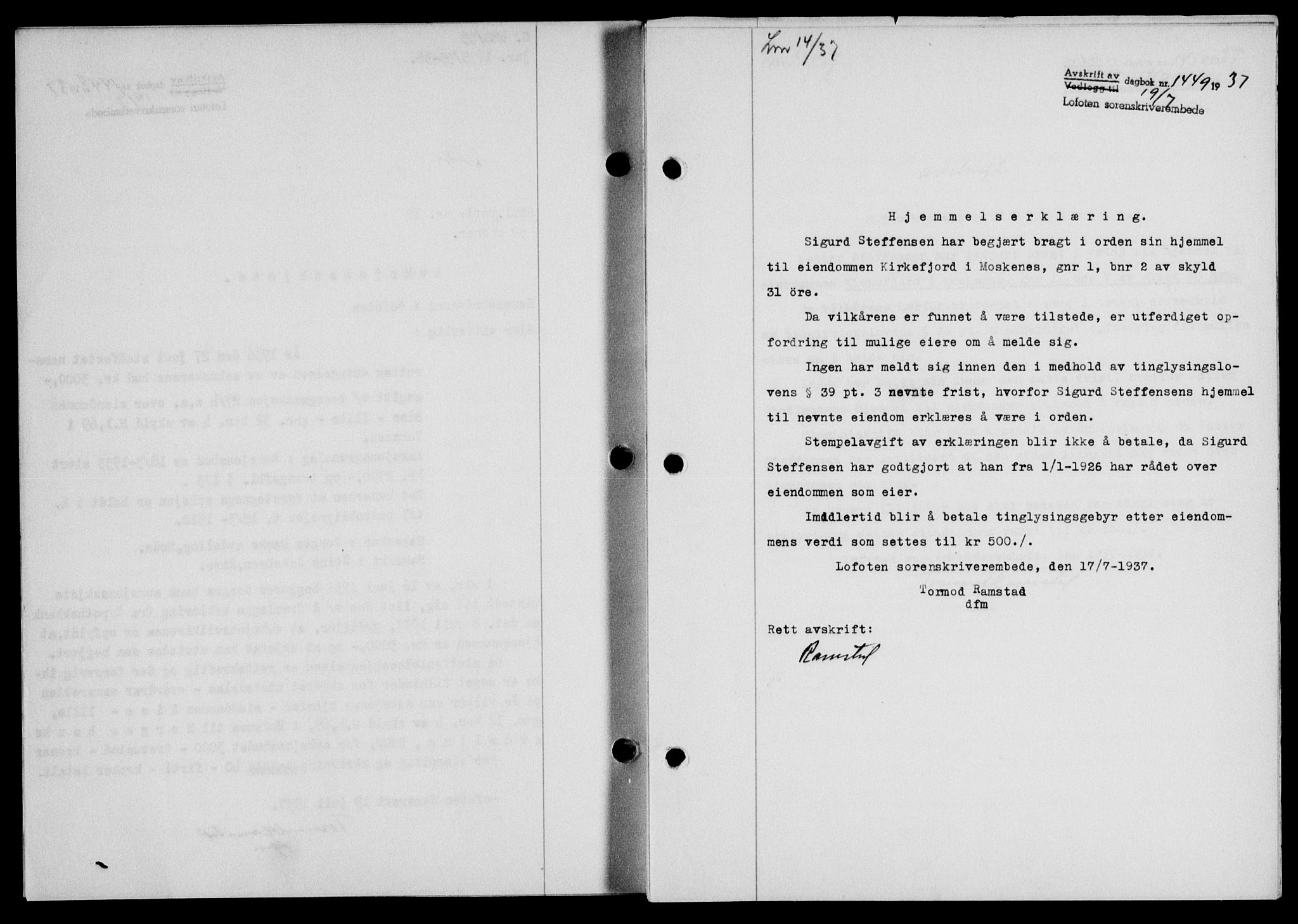 Lofoten sorenskriveri, SAT/A-0017/1/2/2C/L0002a: Mortgage book no. 2a, 1937-1937, Diary no: : 1449/1937