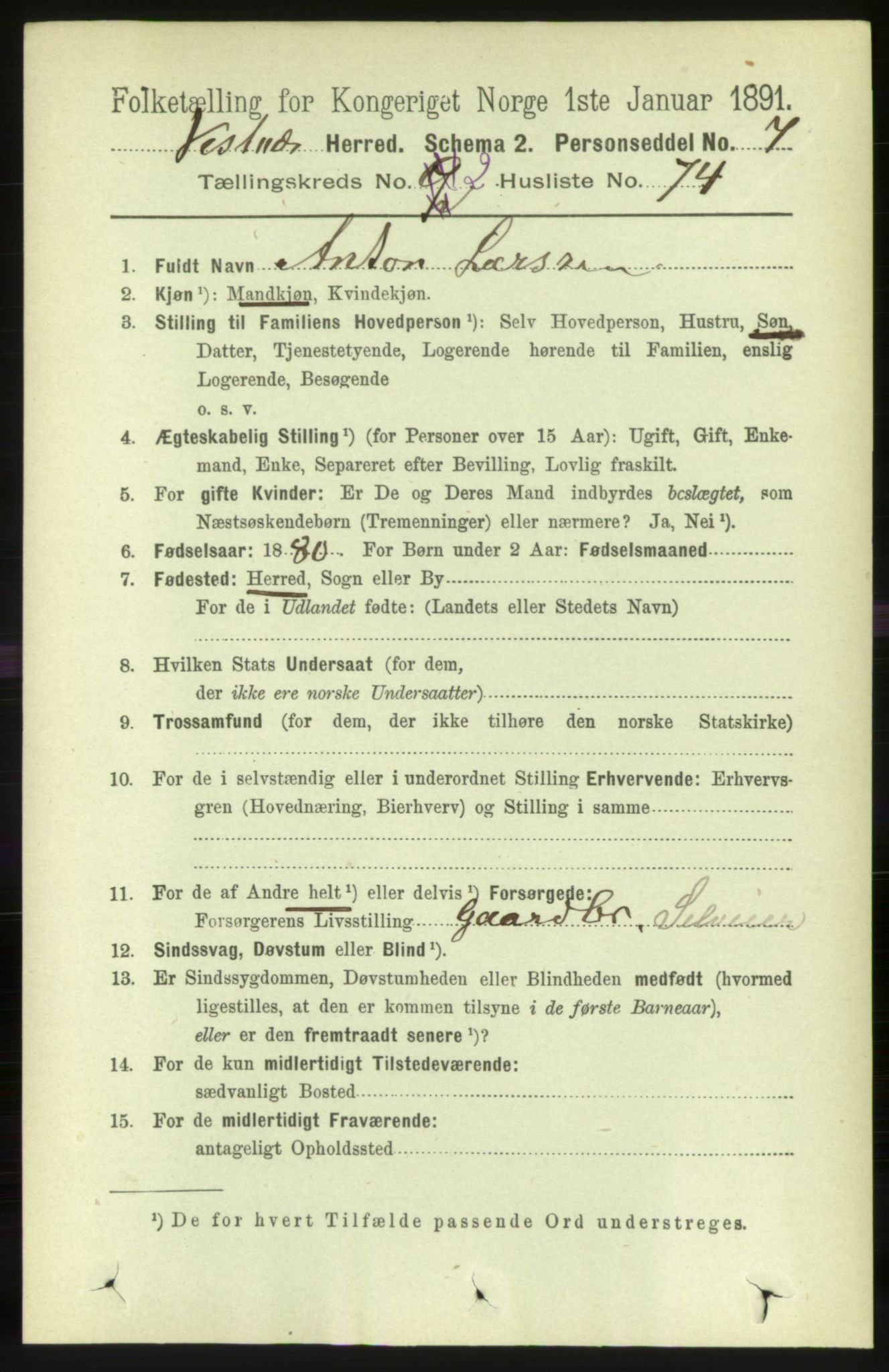 RA, 1891 census for 1535 Vestnes, 1891, p. 579